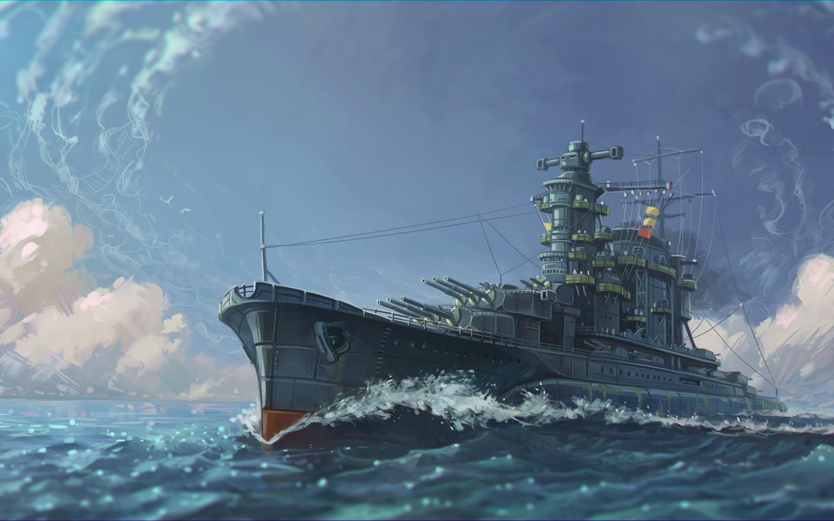 Download 2880x1800 Military Ship, Ocean, Clouds, Horizon, Artwork