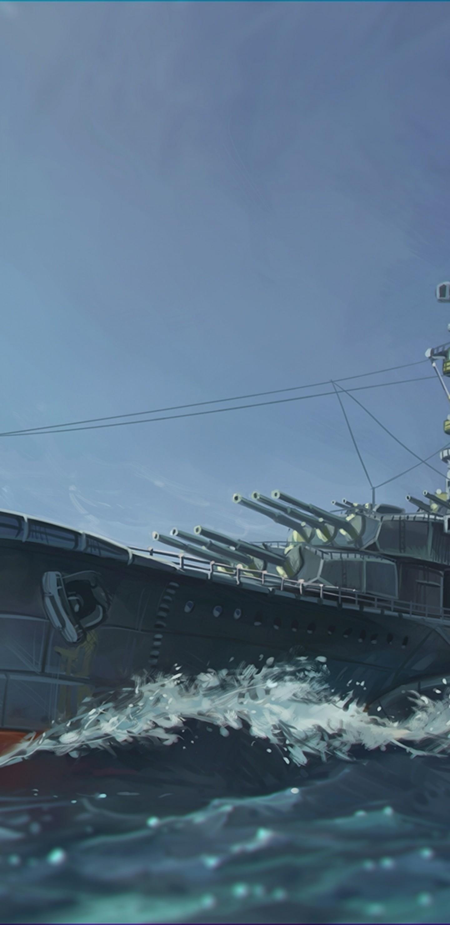 Download 1440x2960 Military Ship, Ocean, Clouds, Horizon, Artwork