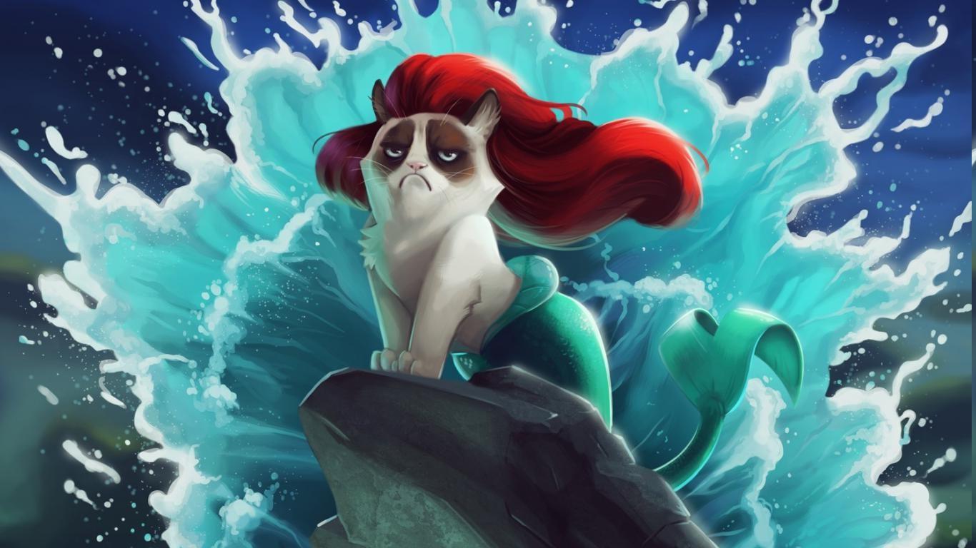 cat, Grumpy Cat, The Little Mermaid, Disney, Humor Wallpaper HD / Desktop and Mobile Background