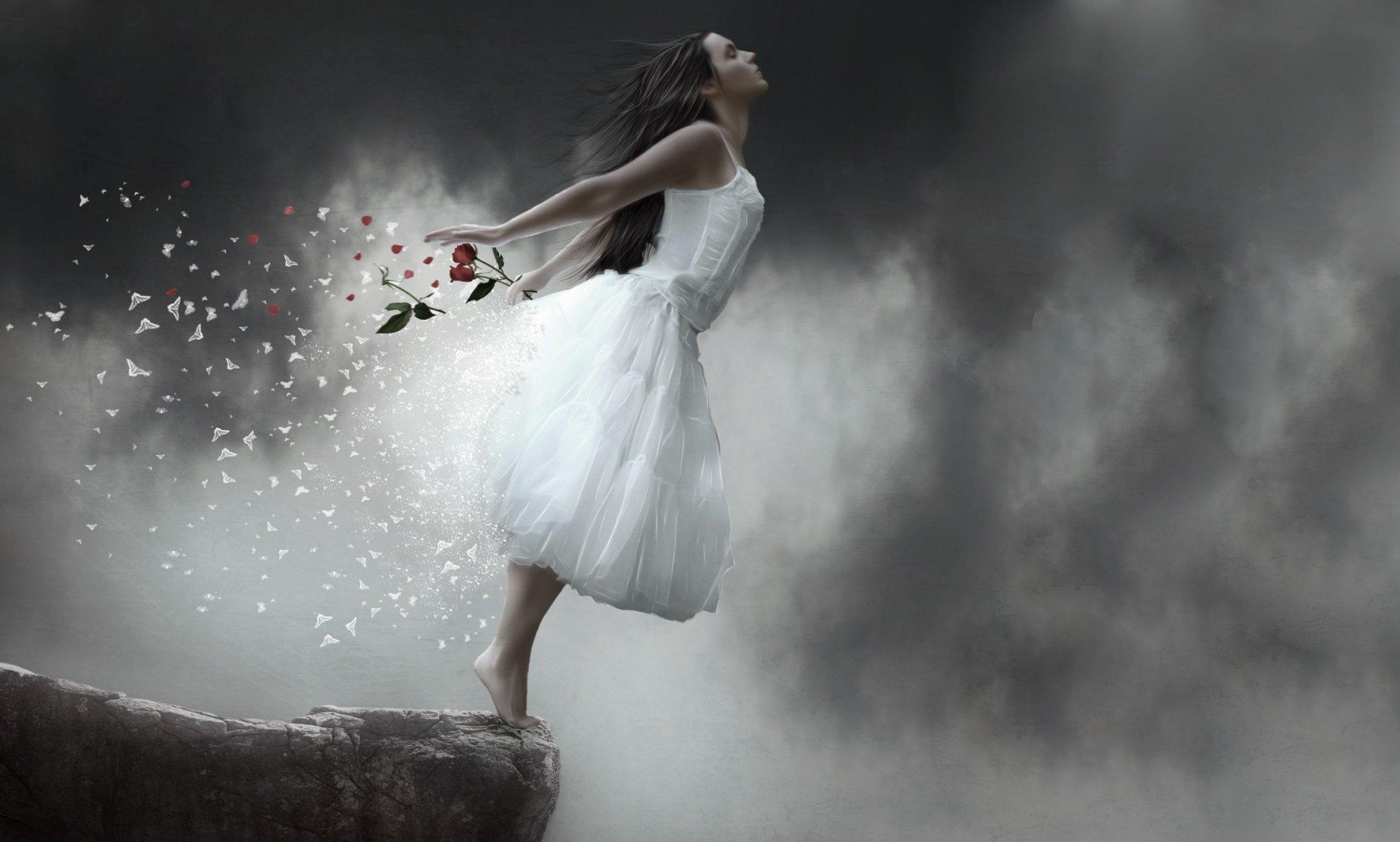 girl broken flower petals fall HD wallpaper