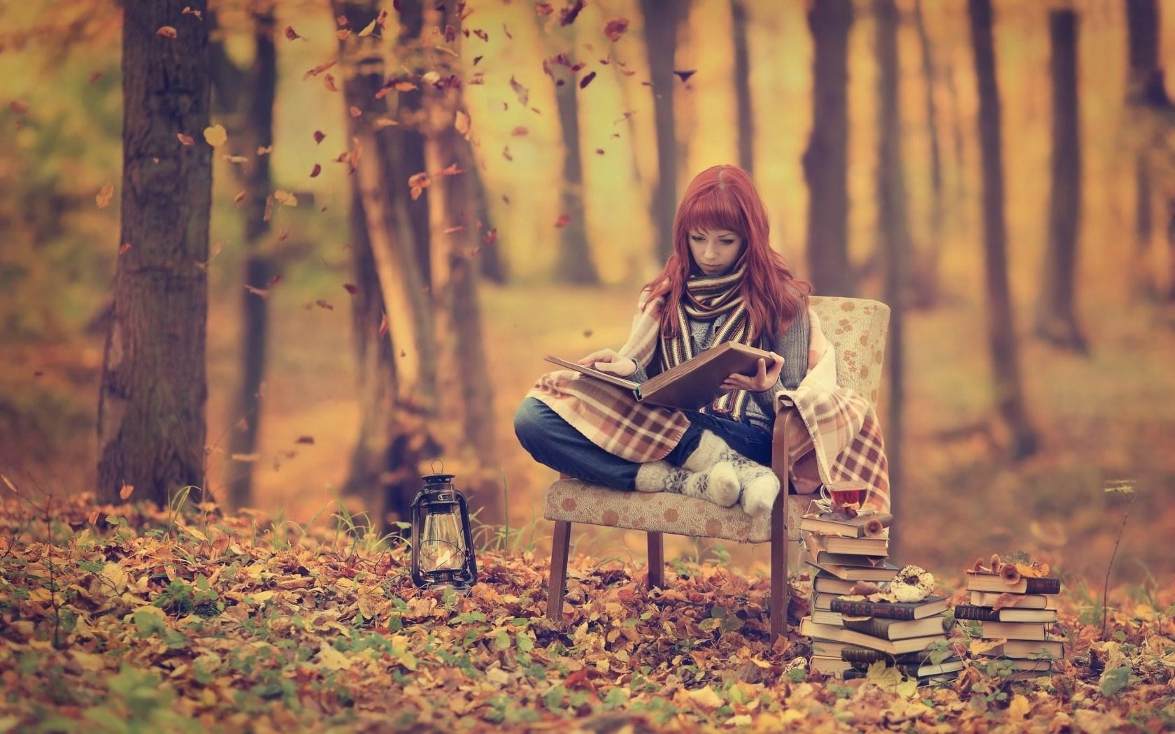 Redhead Girl Forest Autumn Books Mood wallpaperx1050