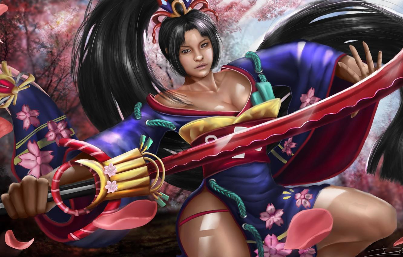 Wallpaper chest, girl, hair, sword, art, onmyoji, yoto hime image