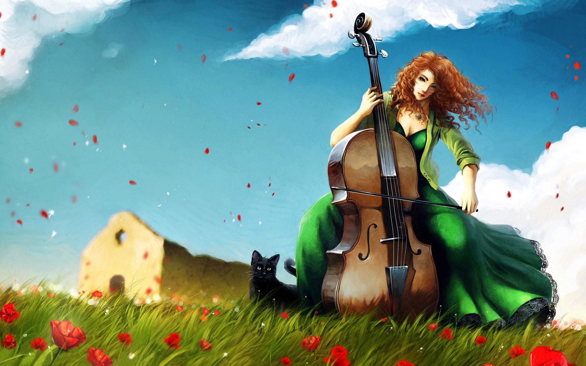 Wallpaper Cello girl on the grass 1920x1200 HD Picture, Image