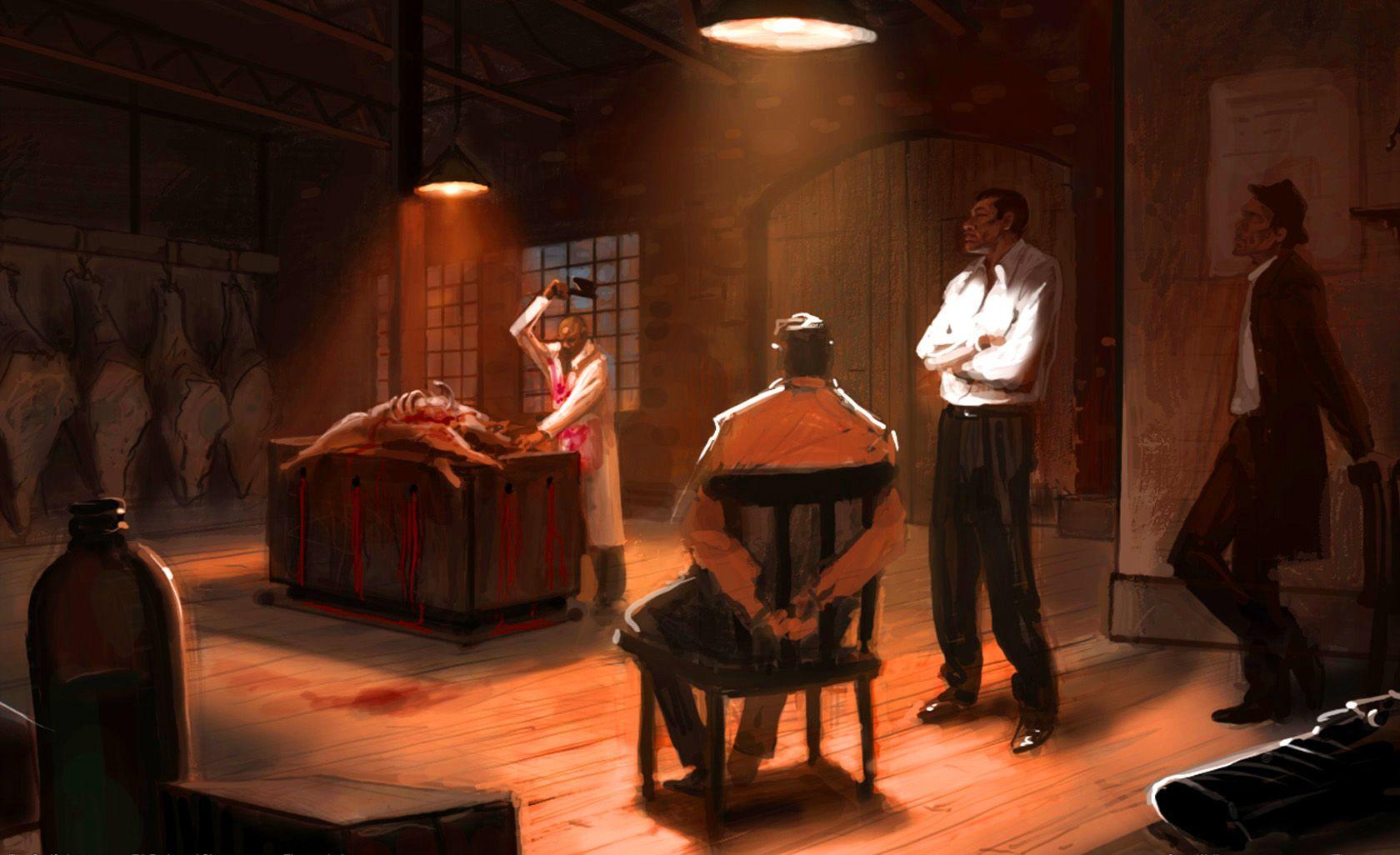 Mafia interrogation in a butcher shop. Gangster War Art in 2019