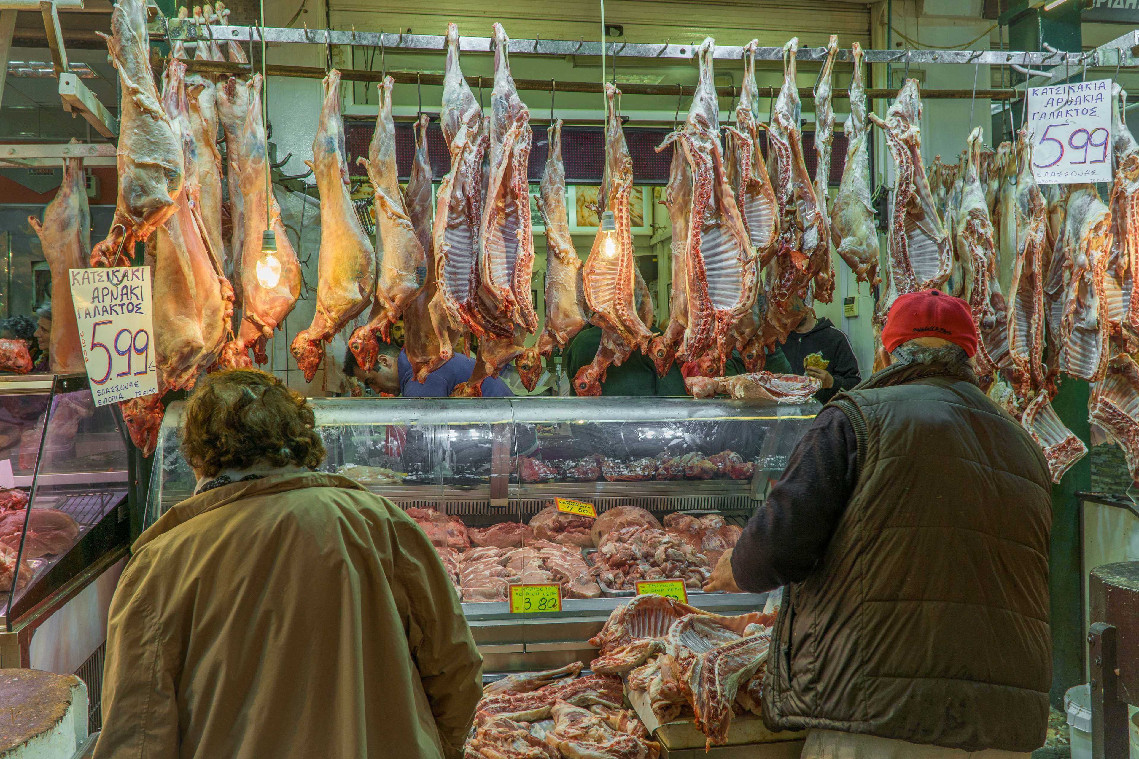 butcher, customers, goat meat, market, market hall, meat market 4k