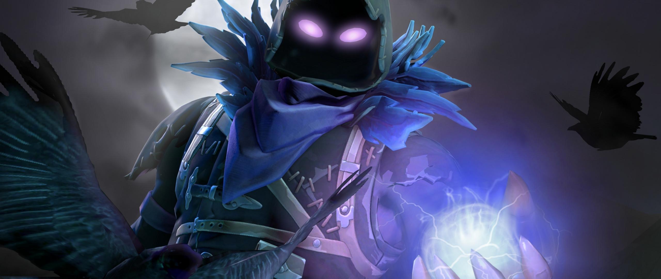 Download 2560x1080 wallpaper raven skin, dark, video game, fortnite