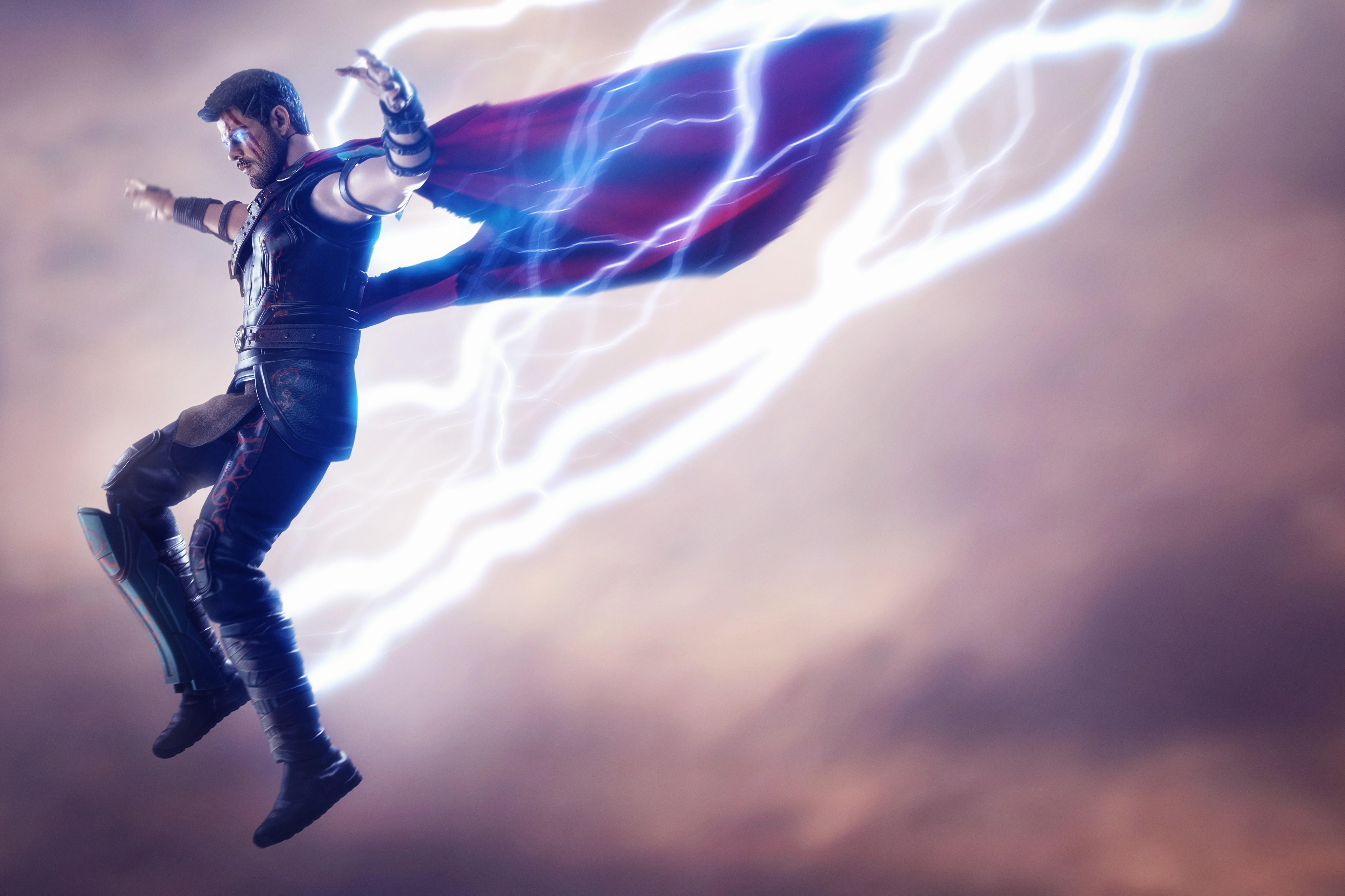 Download 5637x3758 Thor, Lightning, Floating, Cape Wallpapers.