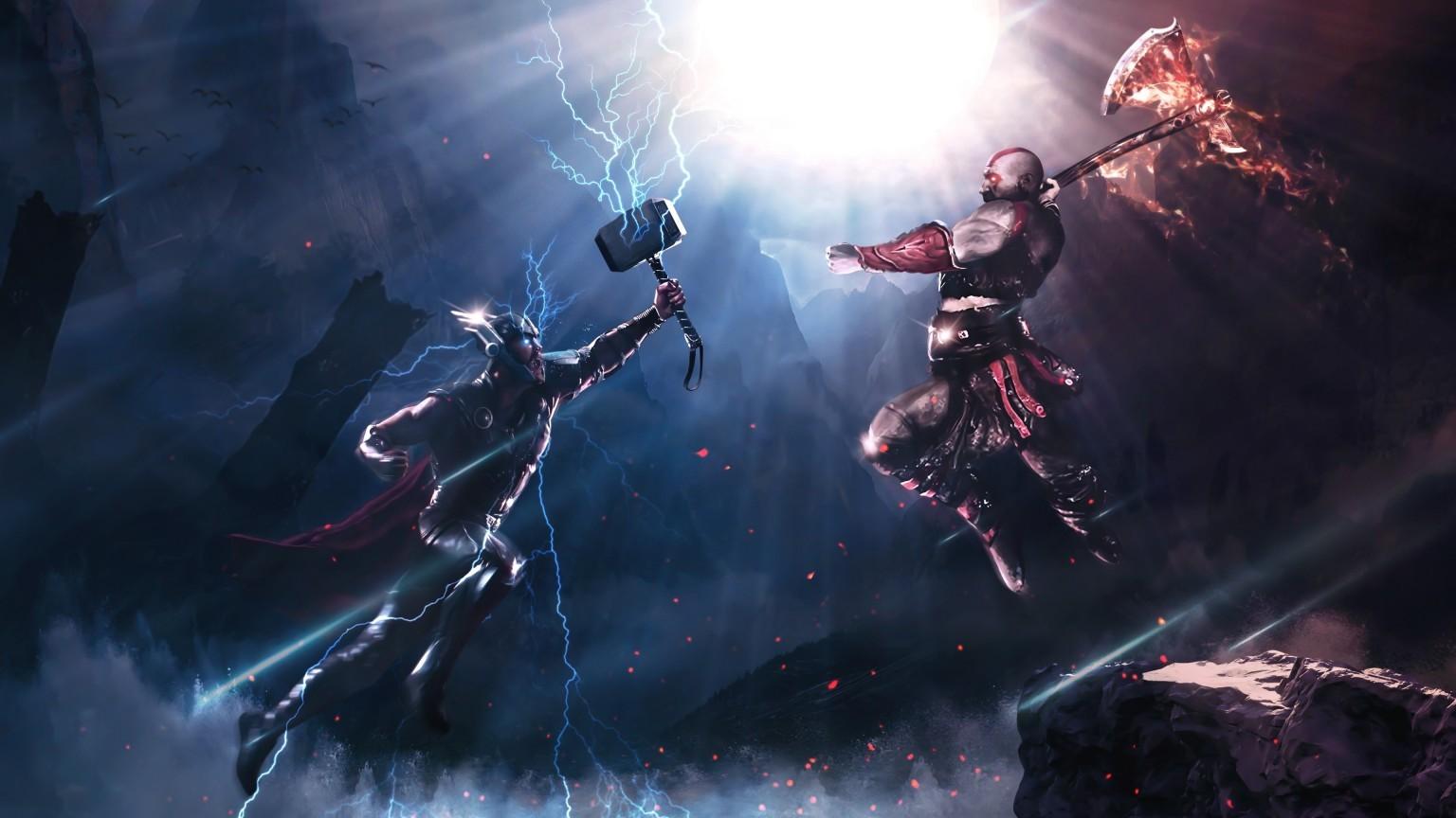 Download 1536x864 Kratos Vs Thor, Fight, Crossover, Lightning, Axe