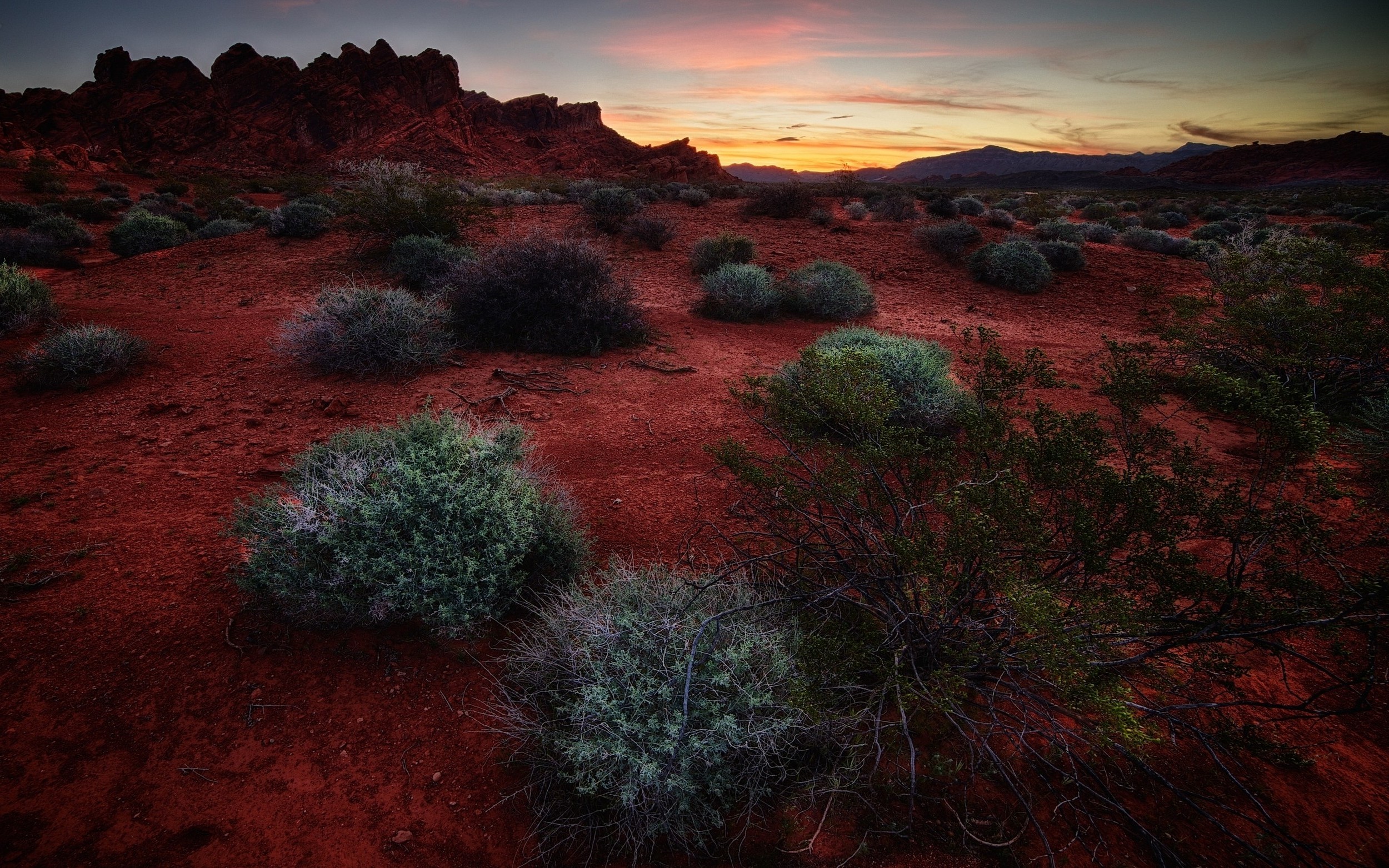 nature, Landscape, Sunset, Shrubs, Rock, Hill, Red, Steppe, Clouds