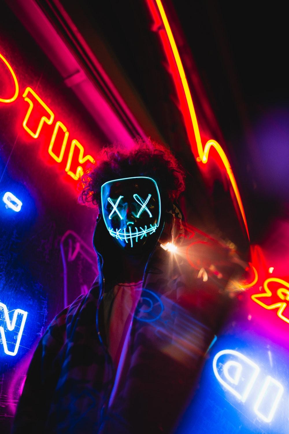 Neon Sign Portrait with LED Mask. HD photo
