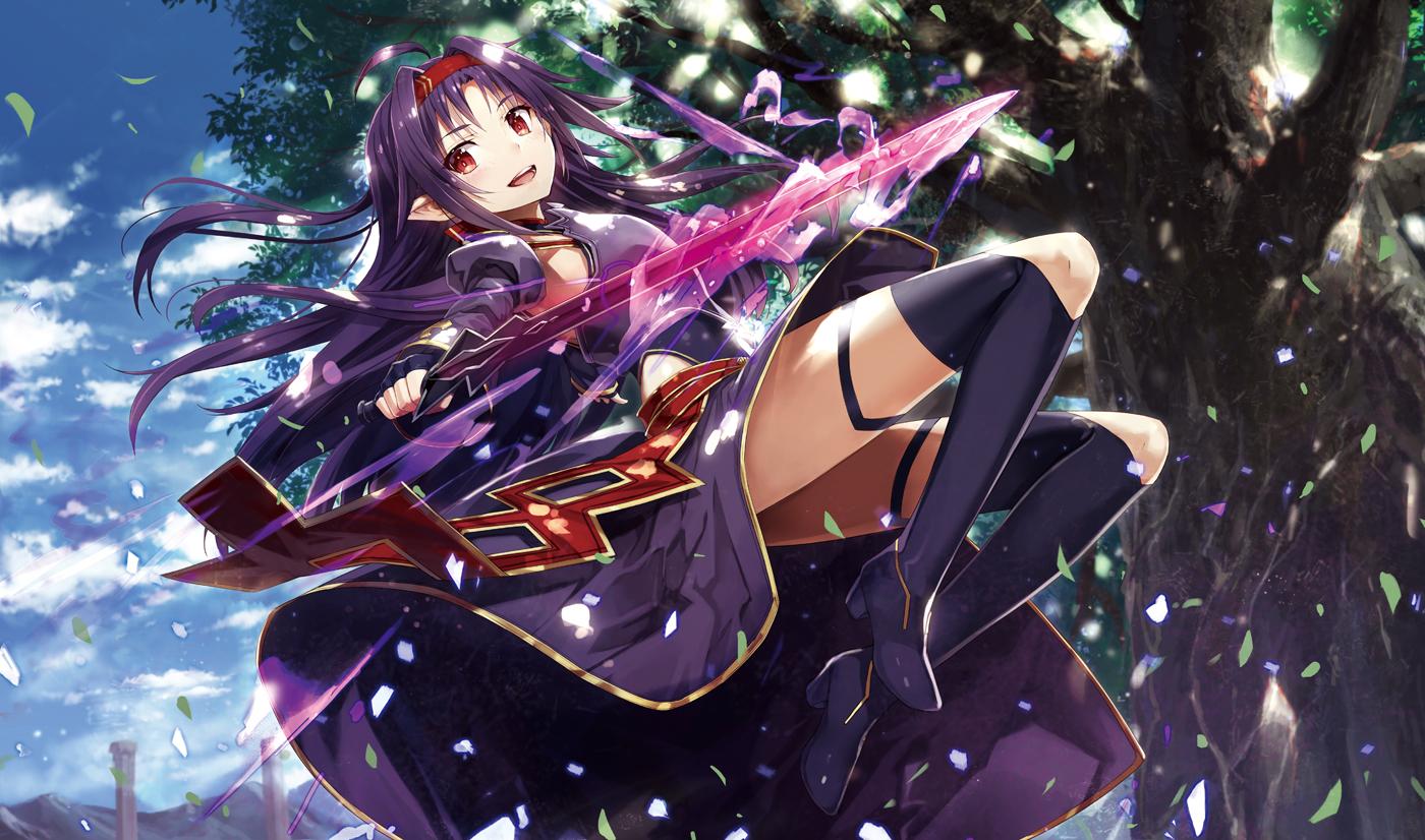 Yuuki, anime, art, online, purple, sword, HD phone wallpaper