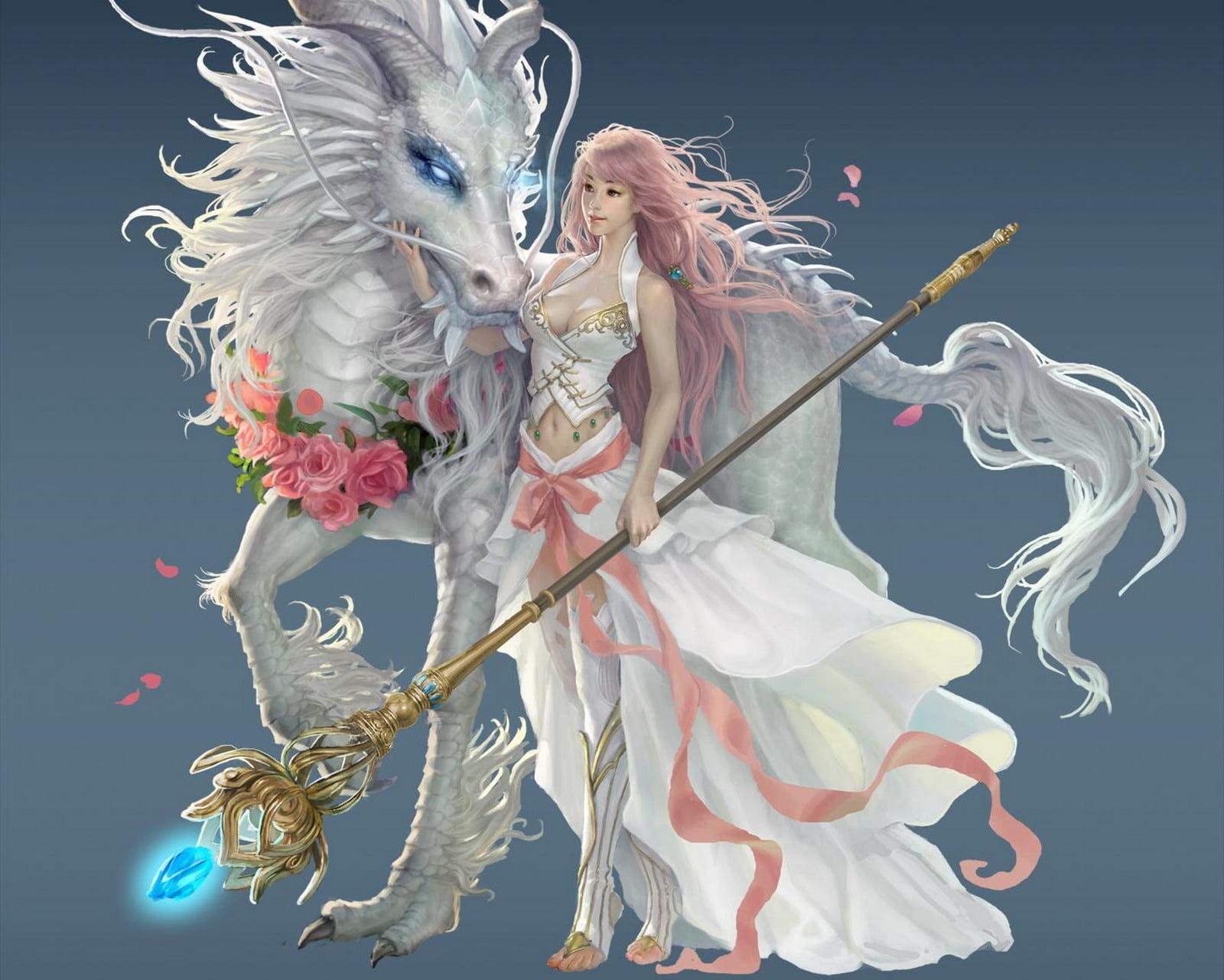 Female anime character wearing white dress beside white unicorn HD wallpaper