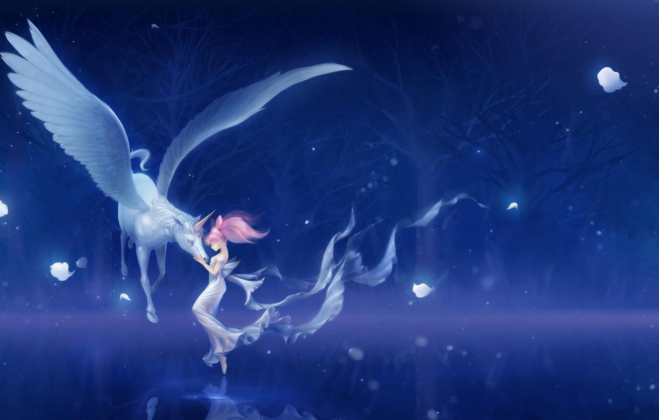 Wallpaper girl, trees, night, magic, anime, art, unicorn, bishoujo