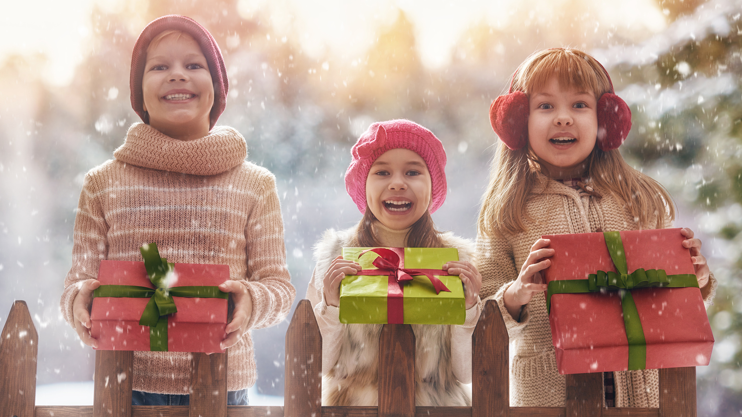 Wallpaper Little girls Boys happy Smile Children Winter 2560x1440