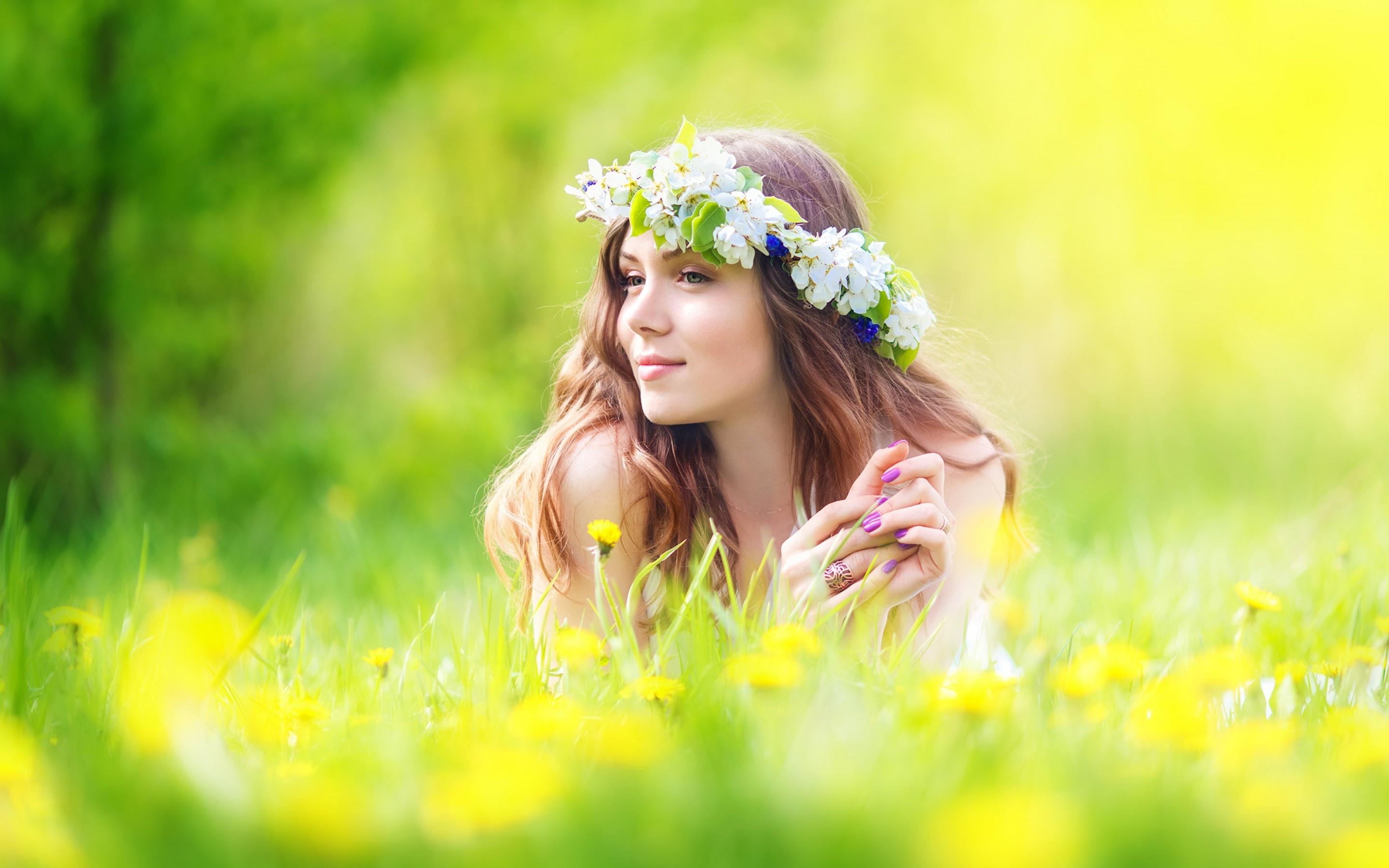 Wallpaper girl, wreath, flowers, grass desktop wallpaper Girls