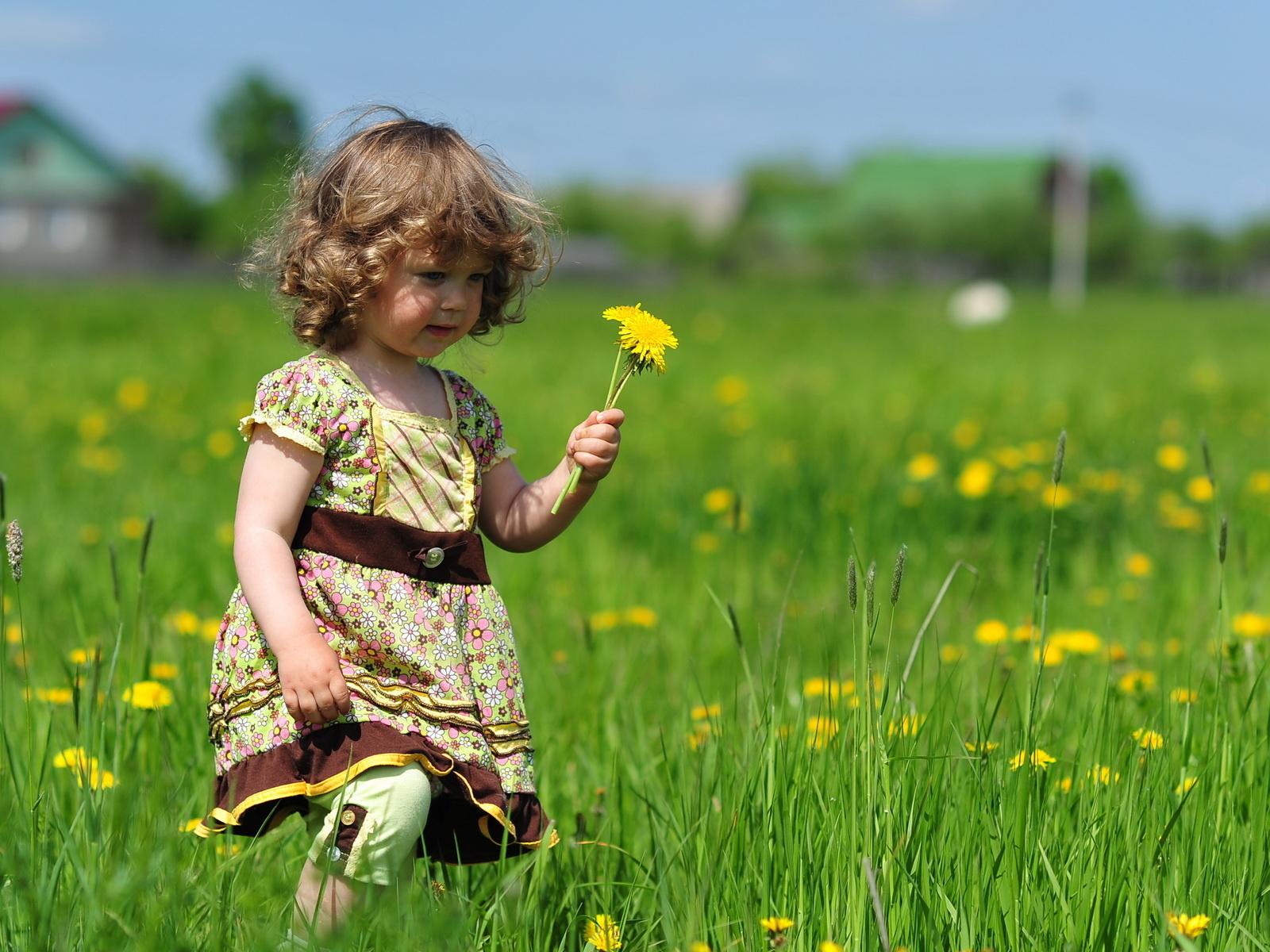 Sweet Little Girl with Flowers Wallpaper. Wide Screen Wallpaper