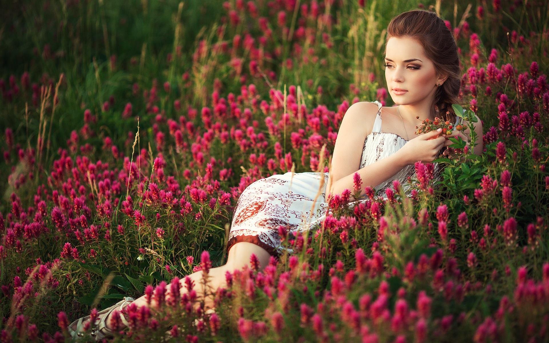 Wallpaper Beautiful girl, flowers field, summer 1920x1200 HD Picture, Image