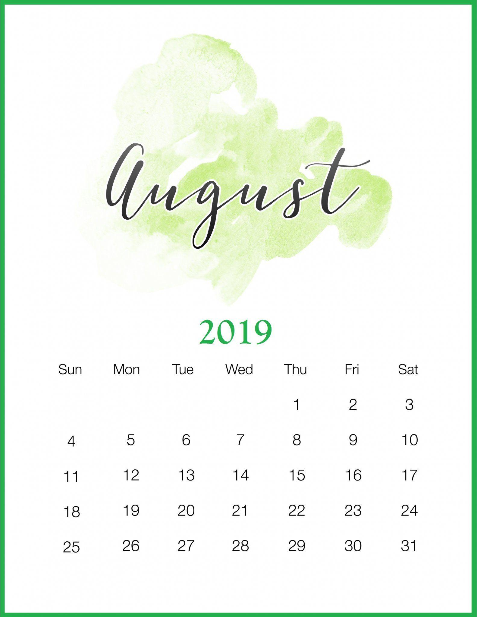 Watercolor 2019 August Printable Calendar Calendars