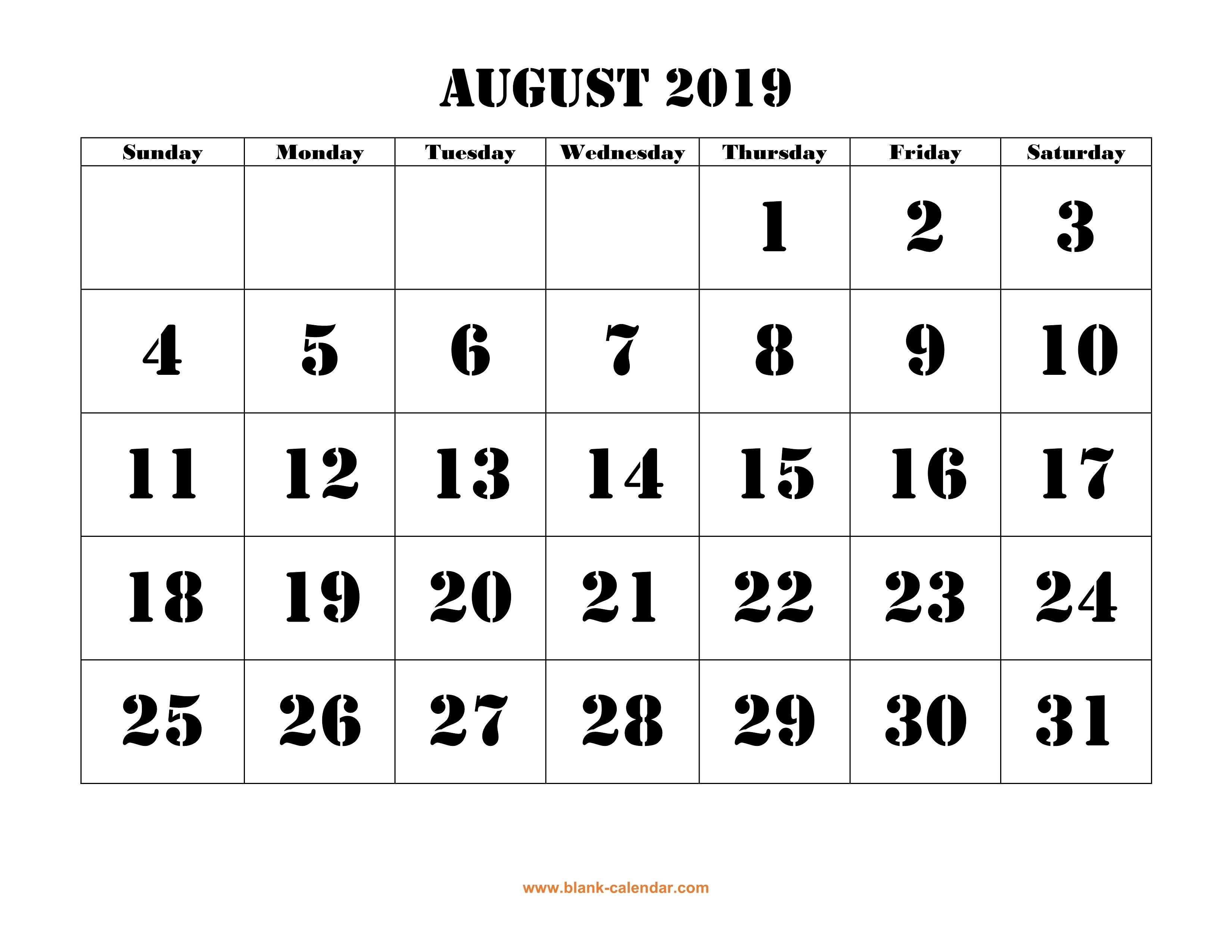 August 2019 Printable Calendar Blank Hour