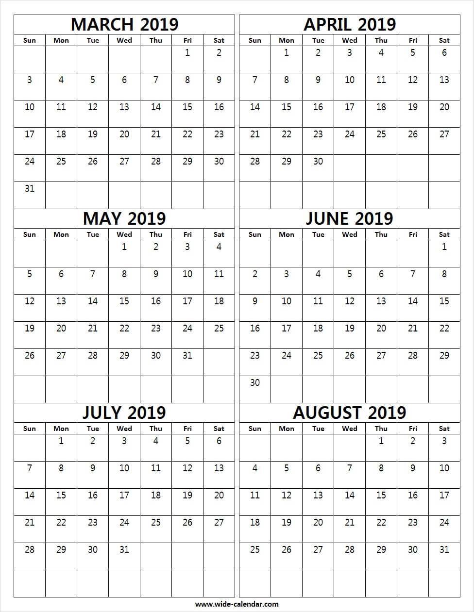 Printable March August 2019 Calendar. Mar to Aug 2019 Calendar