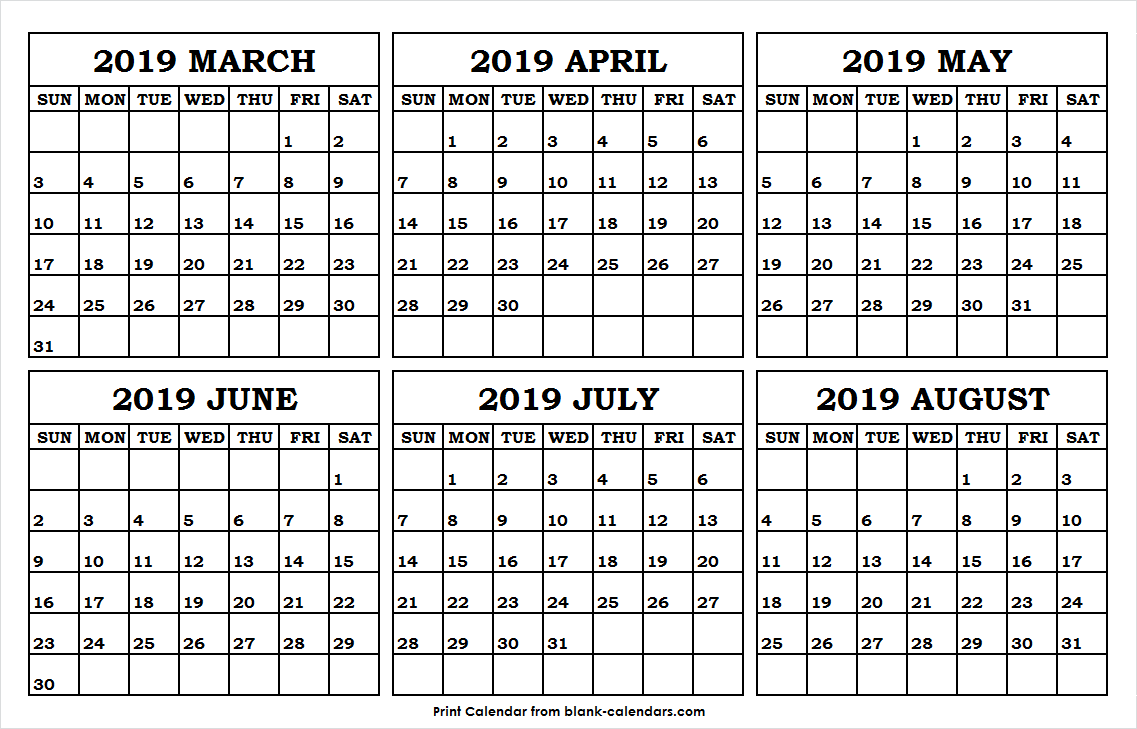Calendar March 2019 to August 2019 Wallpaper Blank Calendar