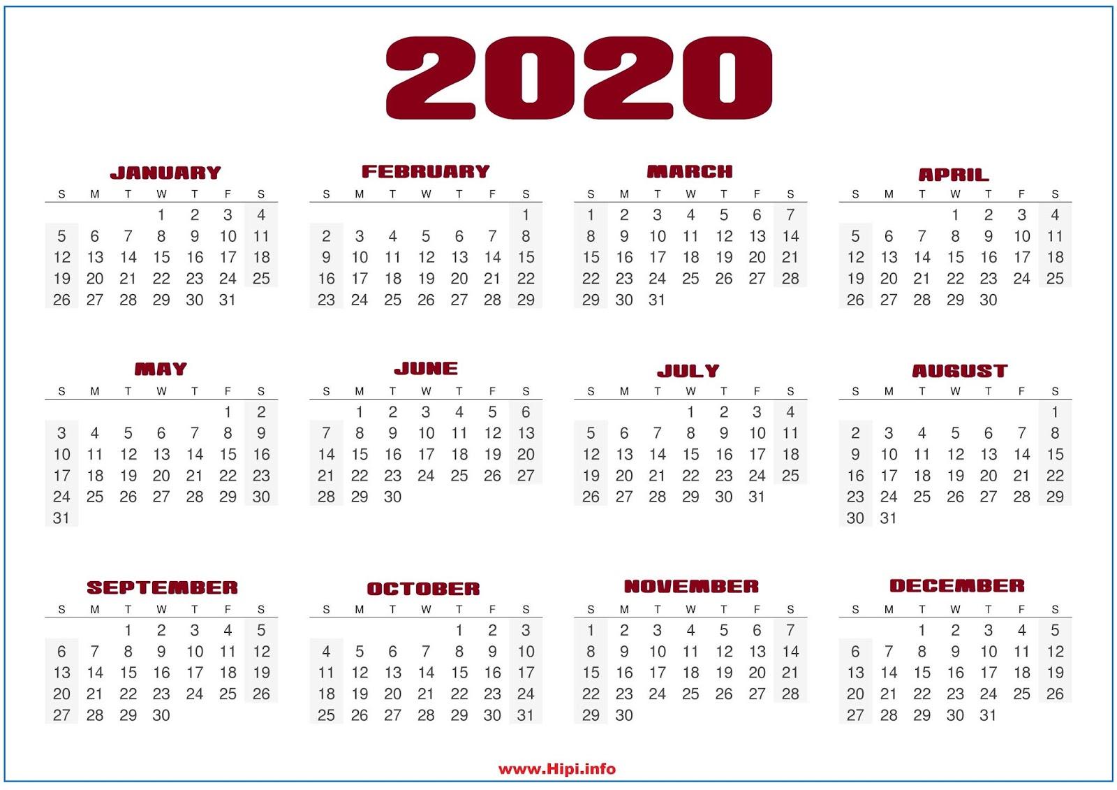 Monthly 2020 Desktop Calendar Wallpaper