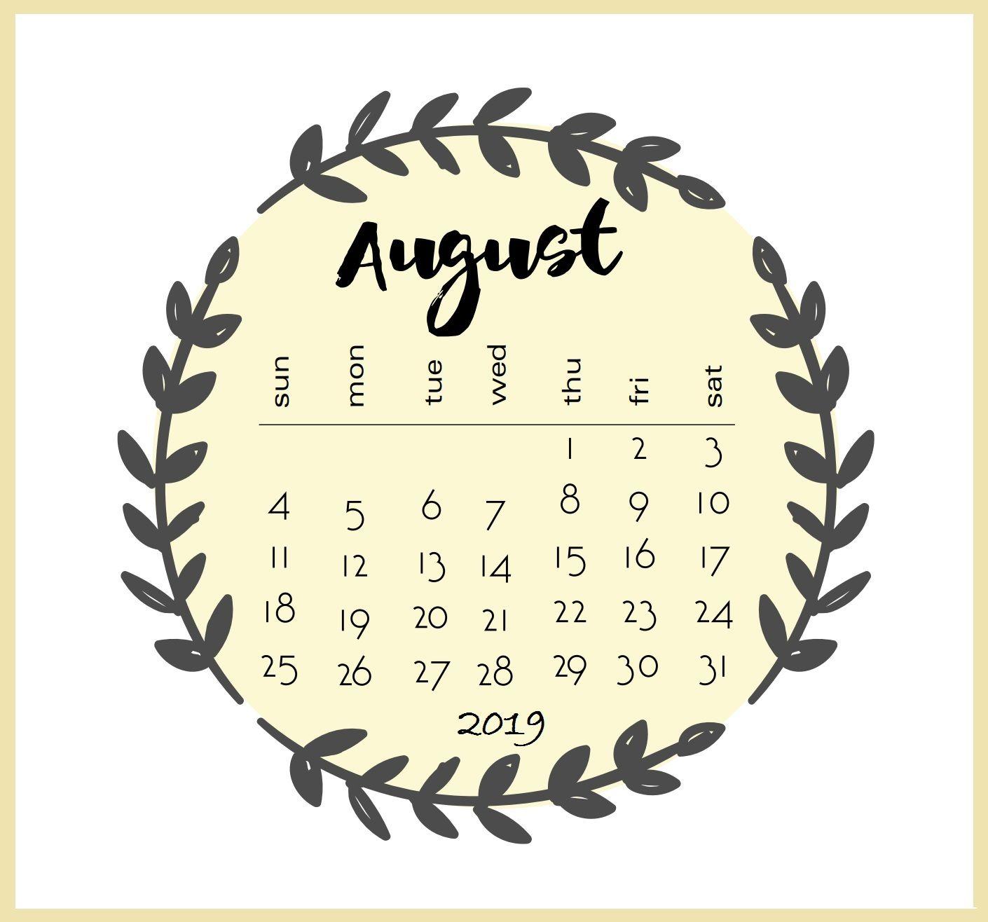 Calligraphy August 2019 Calendar. Dot calendar. February calendar