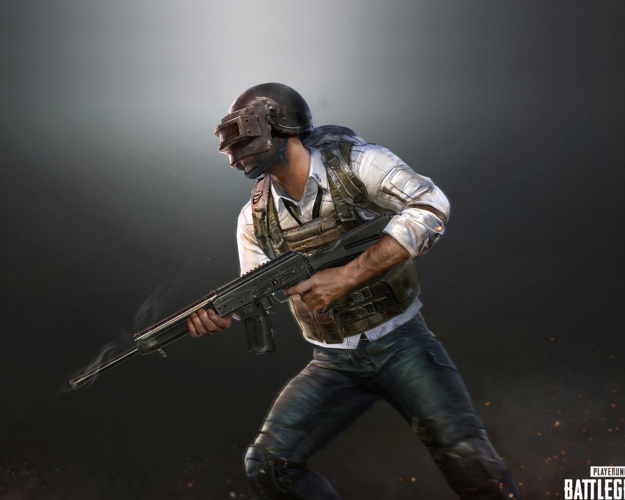 Download 1280x1024 wallpaper pubg, helmet guy, mobile game, standard