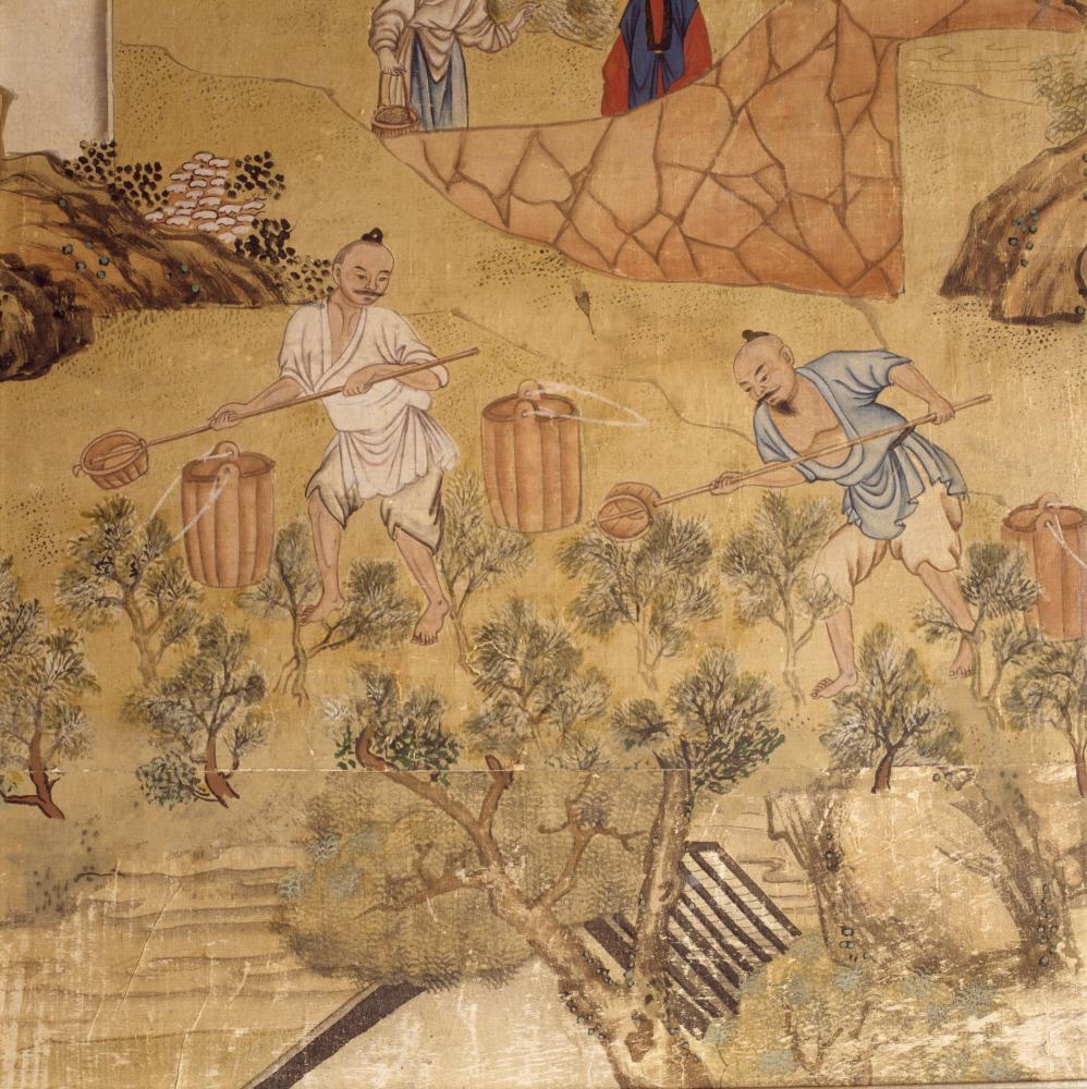 A Chinese wallpaper illustrating tea production