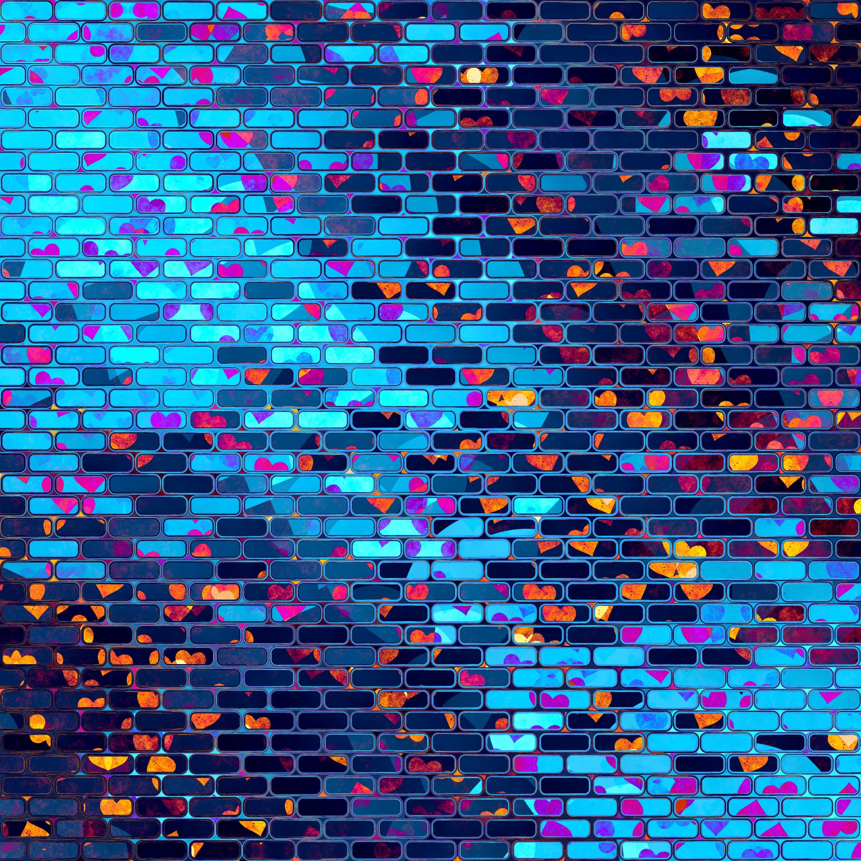 Wallpaper Bricks, Neon, Love hearts, Pattern, HD, Abstract