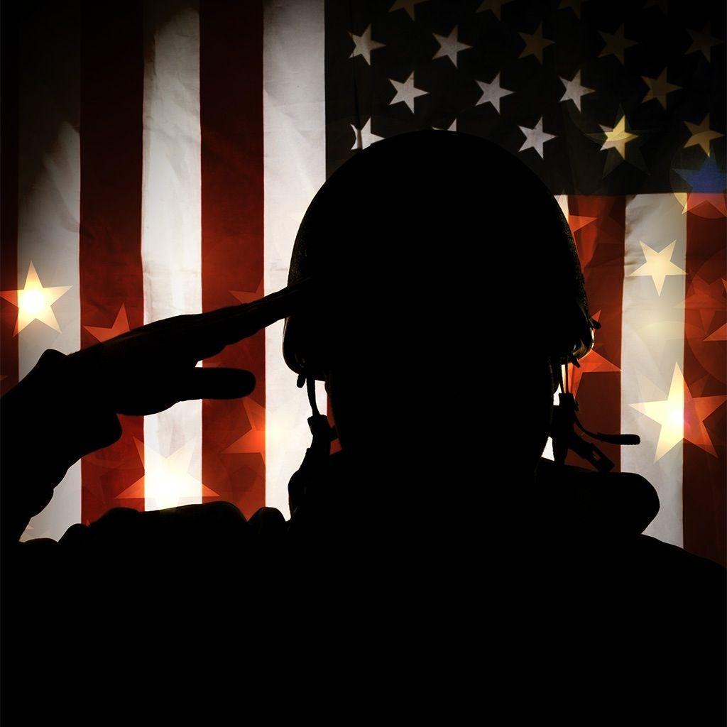 American flag. Soldier. Salute. Silhouette. Wallpaper: Patriotic