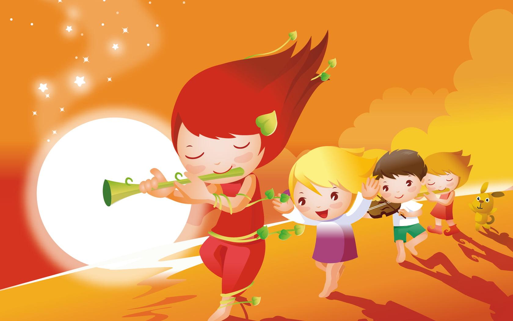 HD wallpaper: Cartoon Kids Music, illustration of four children