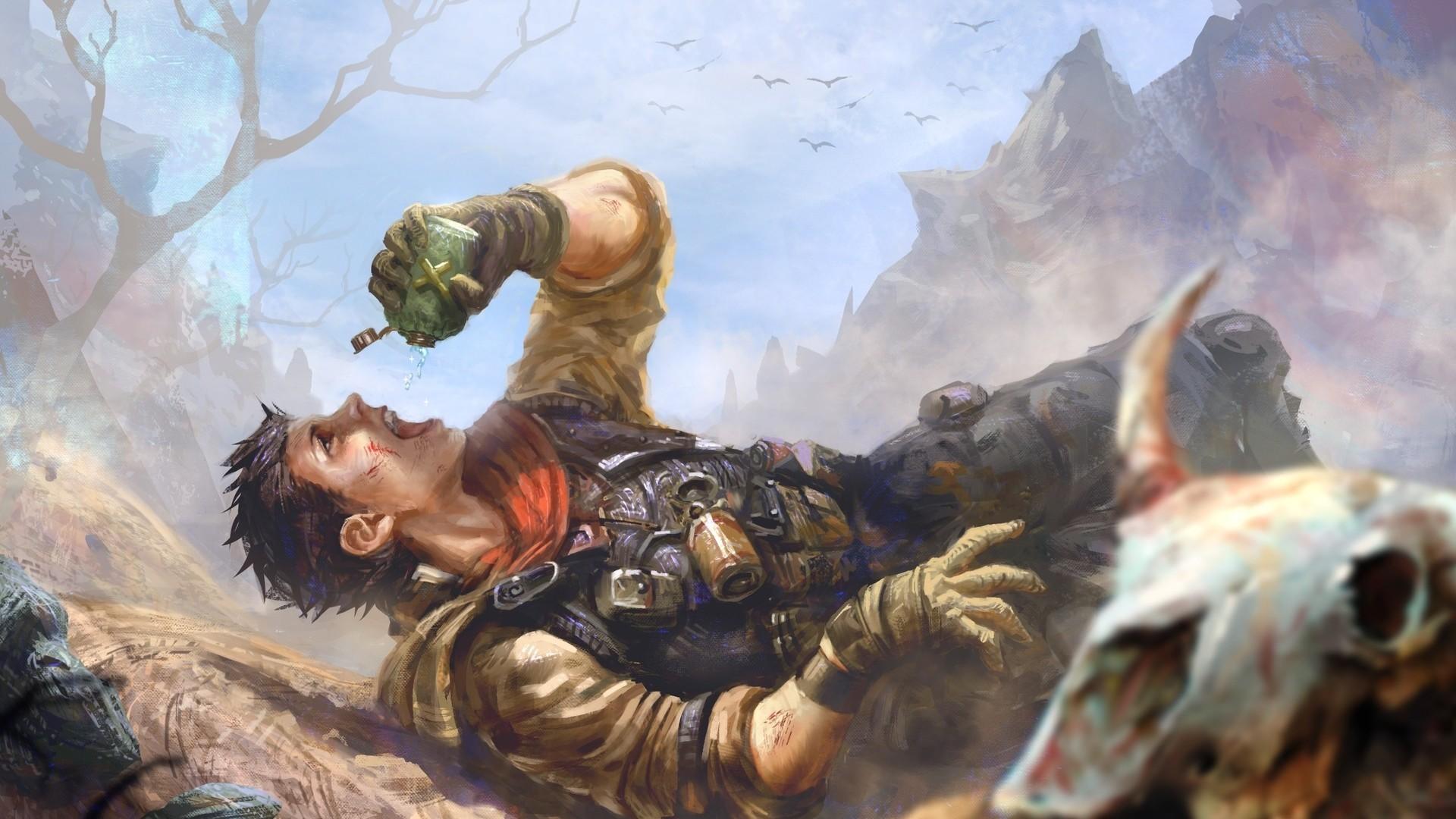 Download 1920x1080 Soldier, Artwork, Thirsty, Lying Down, Skull