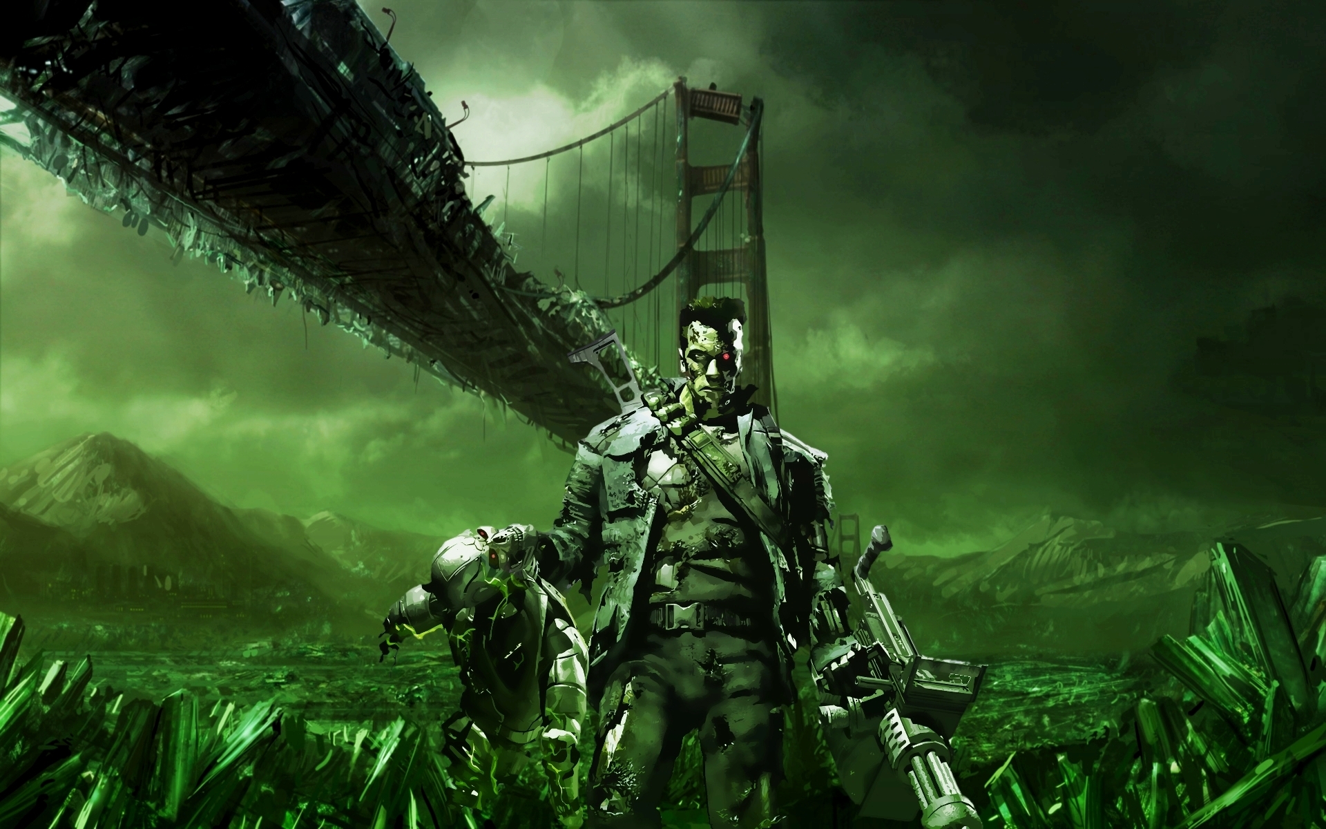 Download Wallpaper the golden gate bridge green robot terminator