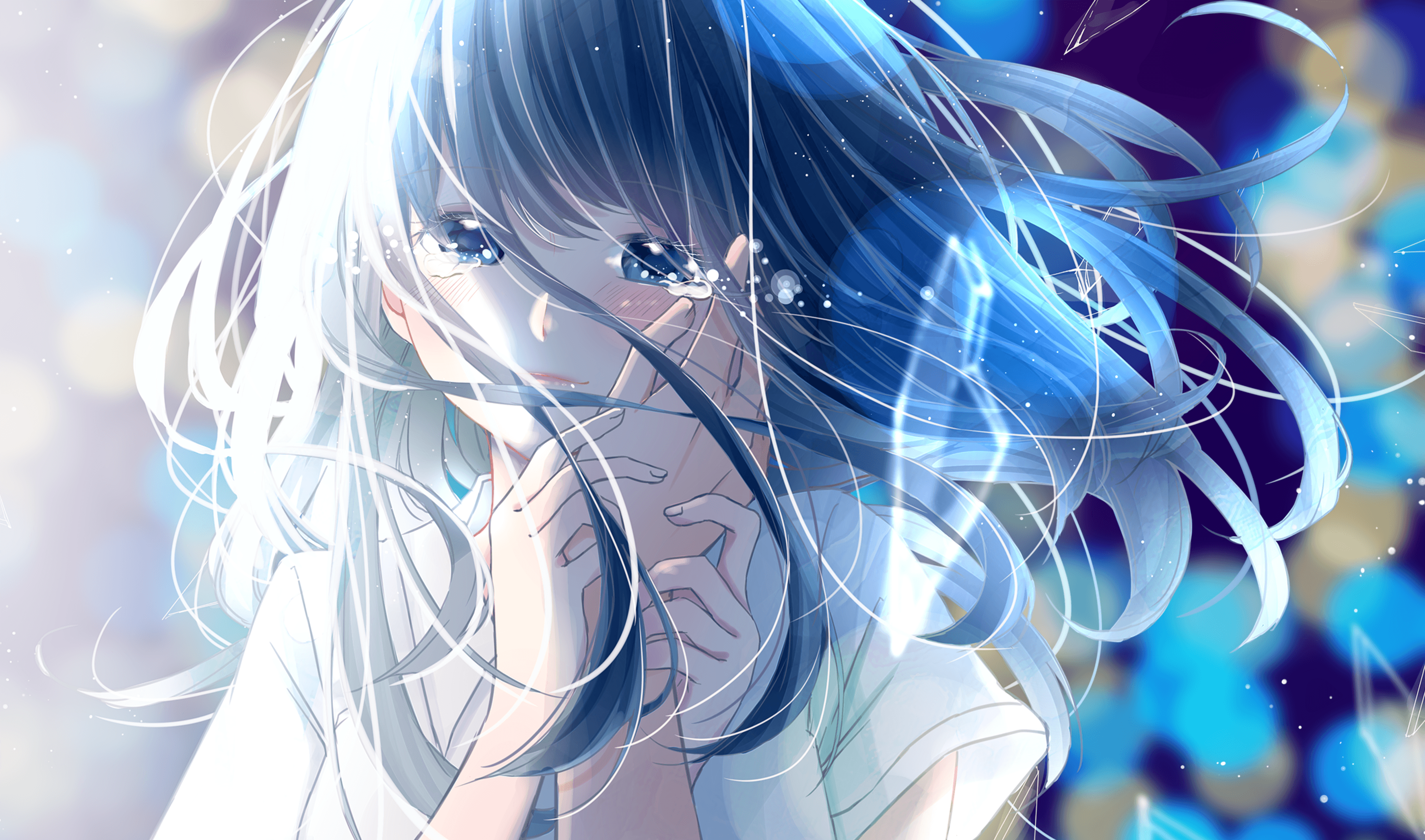 Wallpaper Anime Girl, Crying, Romance, Long Hair, Tears, Hands