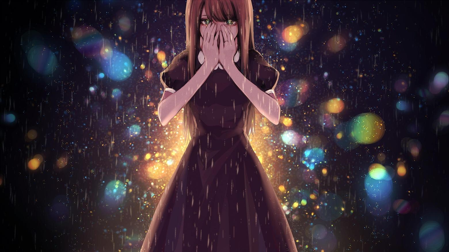 Download 1560x876 Anime Girl, Crying, Tears, Raining Wallpaper