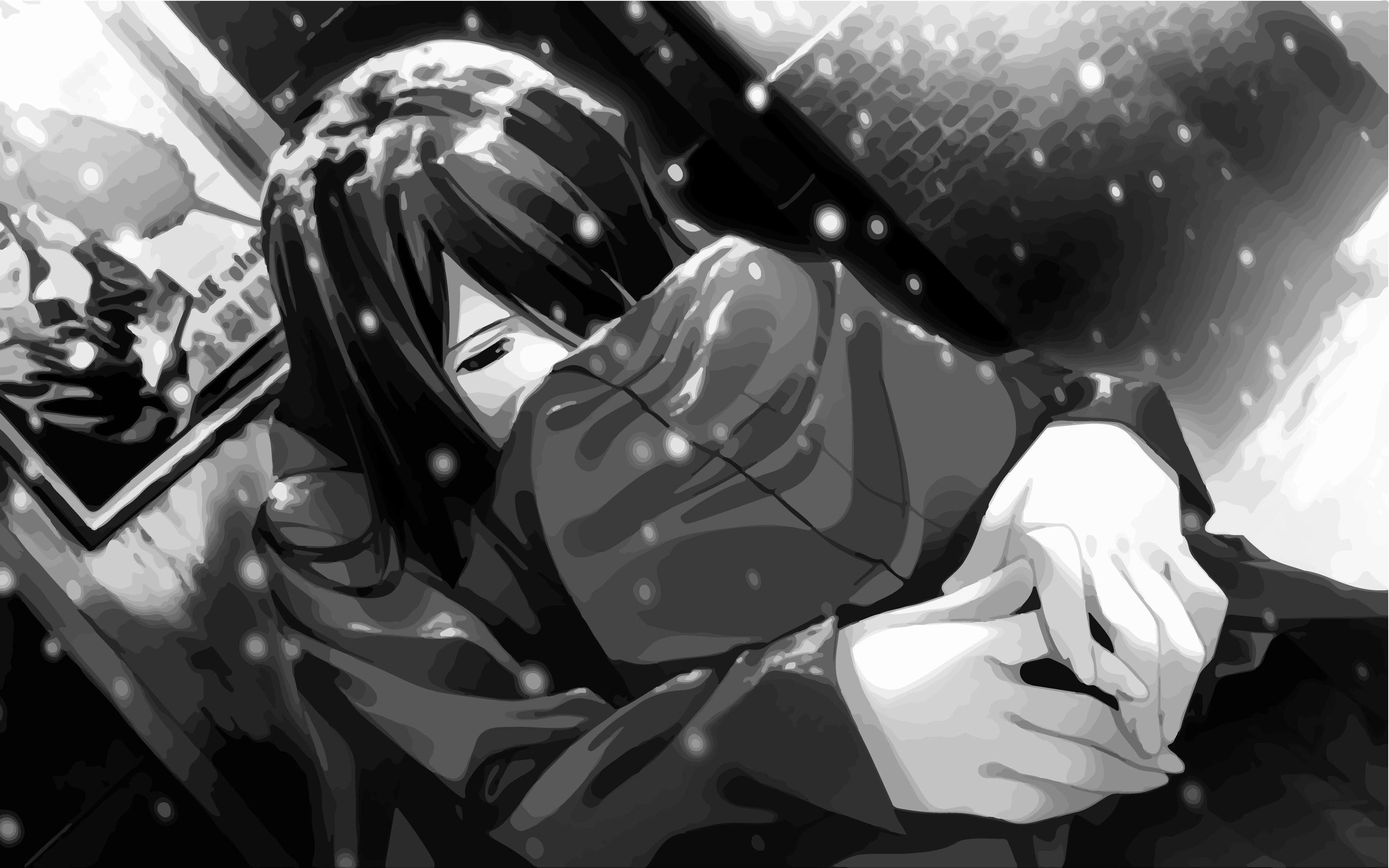 sad anime couple black and white