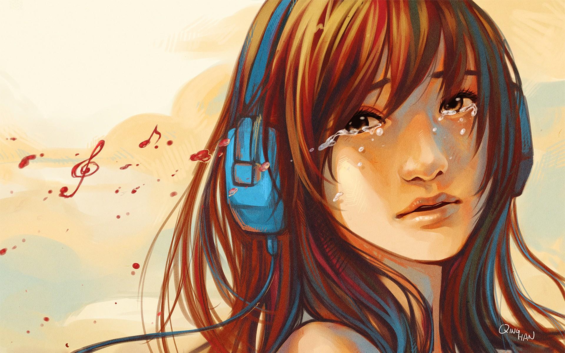 Anime Girl, Music, Crying, Headphone, Art, Retro, Wallpaper