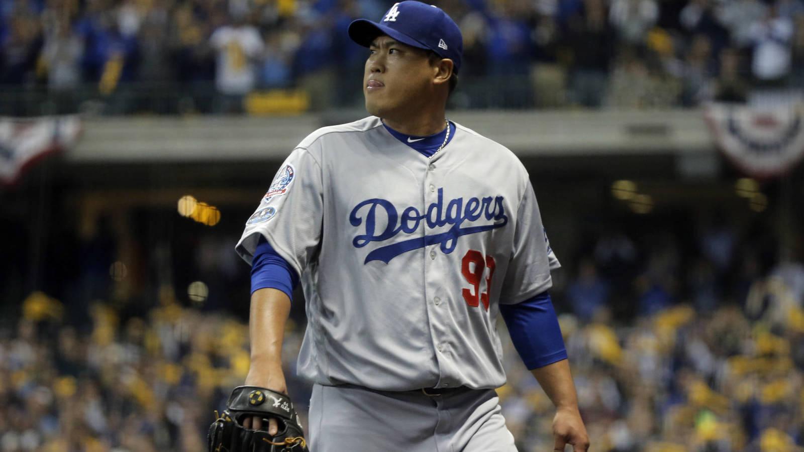 Download Hyun Jin Ryu Wearing Dodgers Uniform Wallpaper