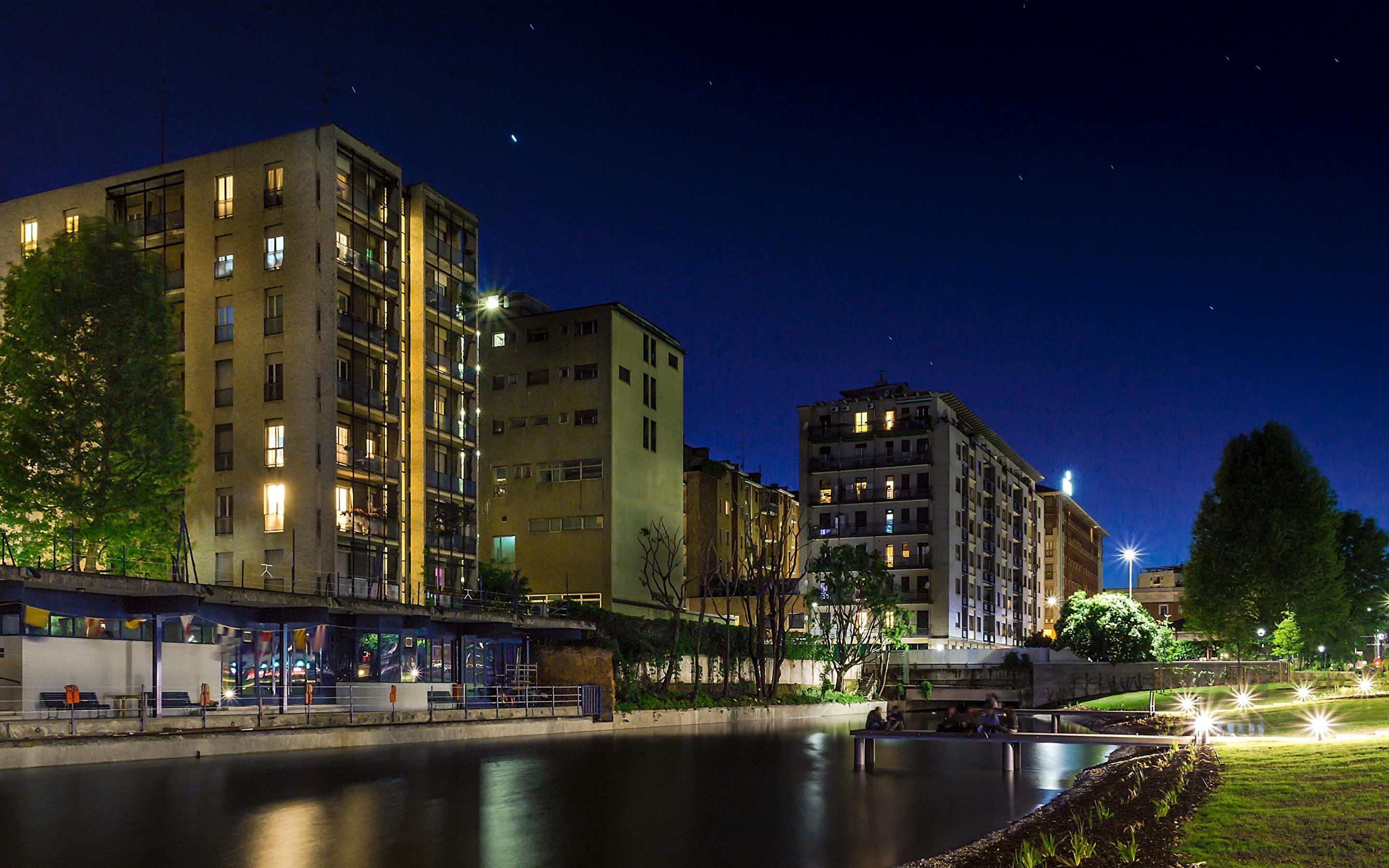 Wallpaper Italy Milano Canal Night Street lights Cities 2880x1800