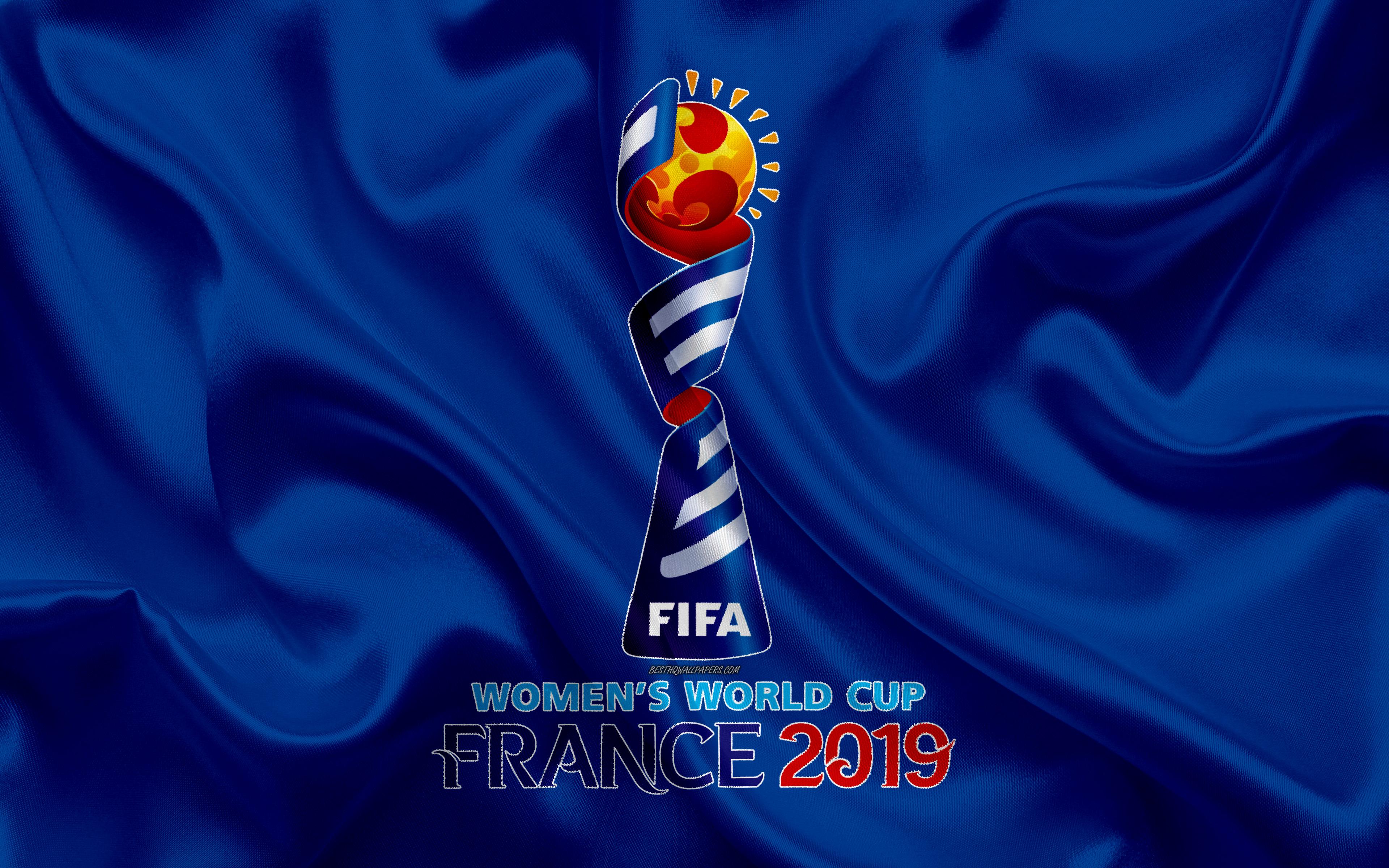 Download wallpaper 2019 FIFA Womens World Cup, logo, 4k, blue silk