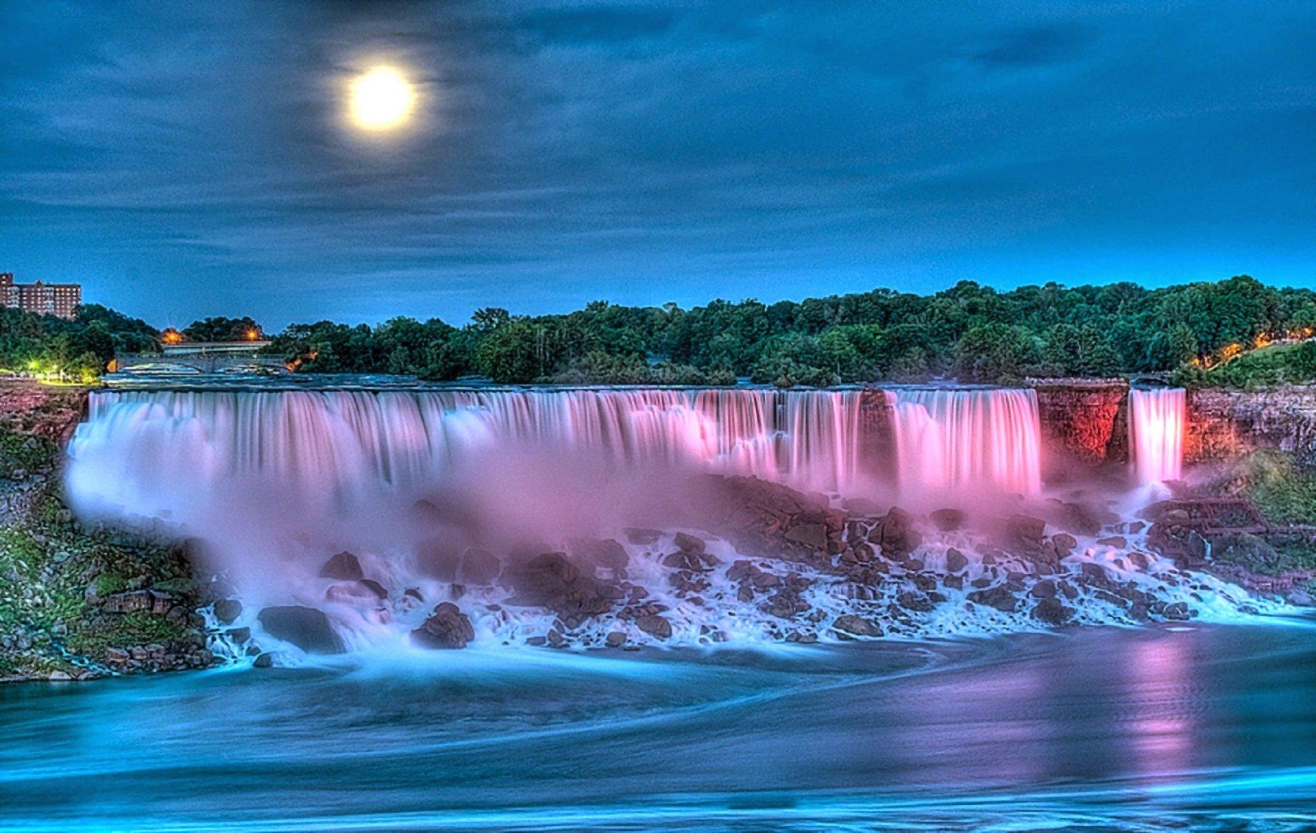 Waterfall on Full Moon Night HD Wallpaper. Background Image