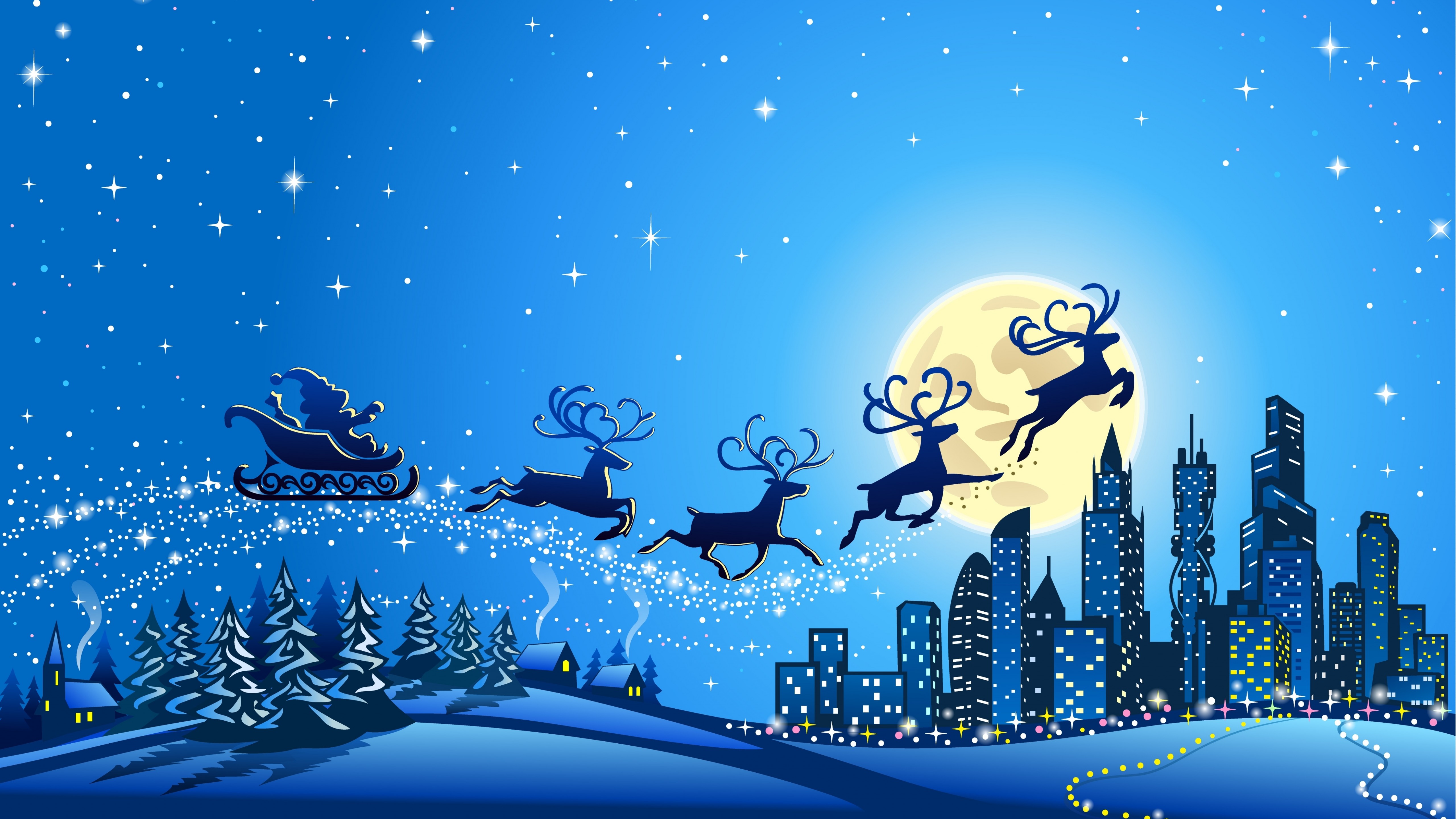 Wallpaper Reindeer Chariot, Santa Claus, Christmas Eve, Moon, 8K