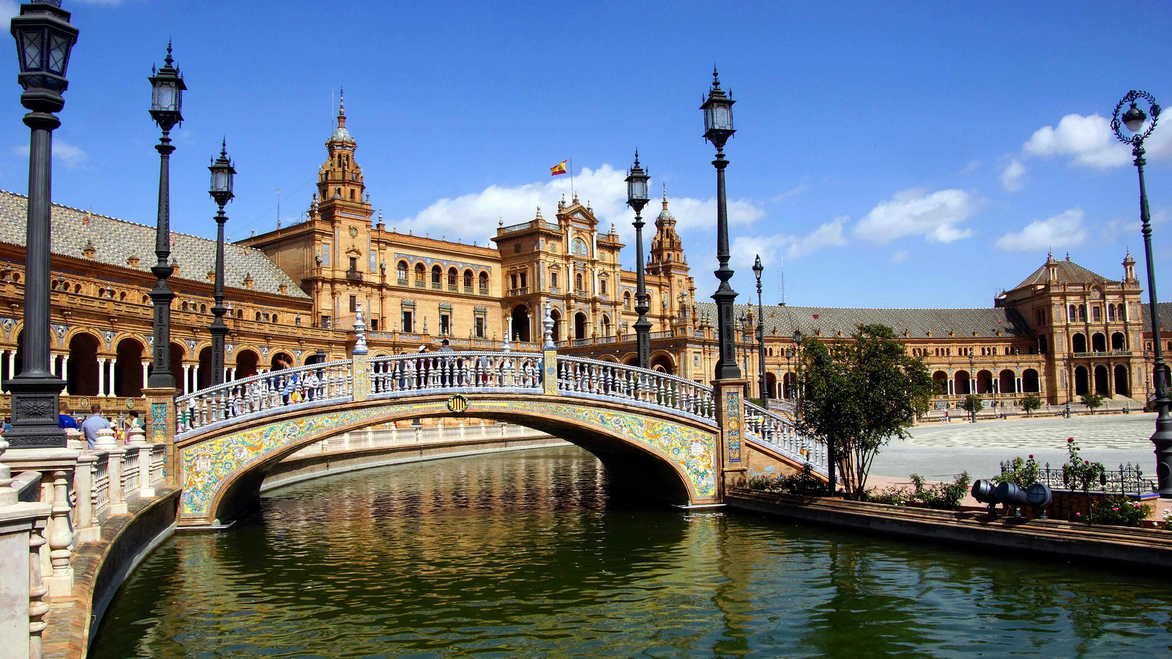 Image Palace Spain Sevilla Plaza de Espana Bridges Rivers 3840x2160