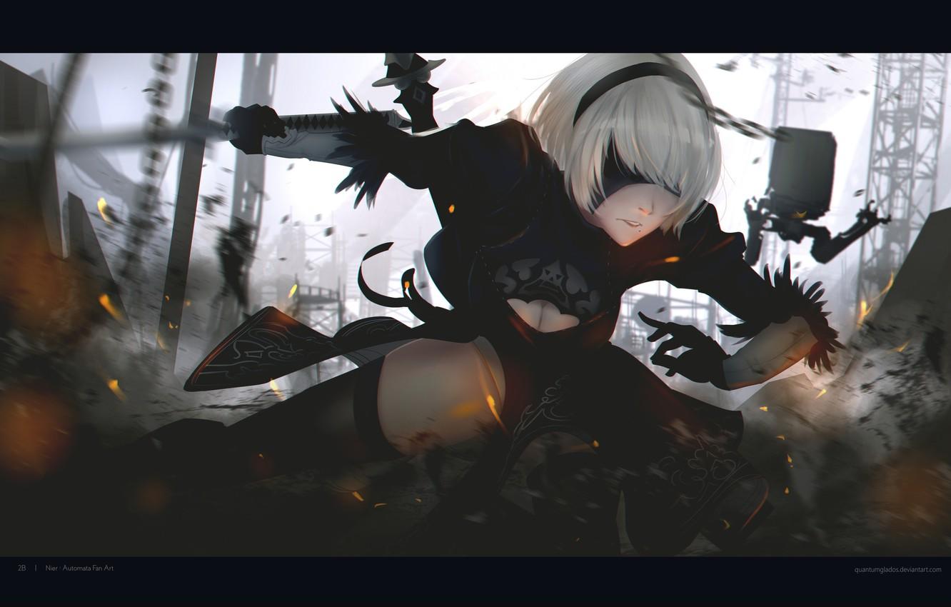 Wallpaper girl, game, robot, android, dress, katana, square enix, factory, nier, fight, fan art, bandage, ps stand, pc, 2b yorha image for desktop, section игры