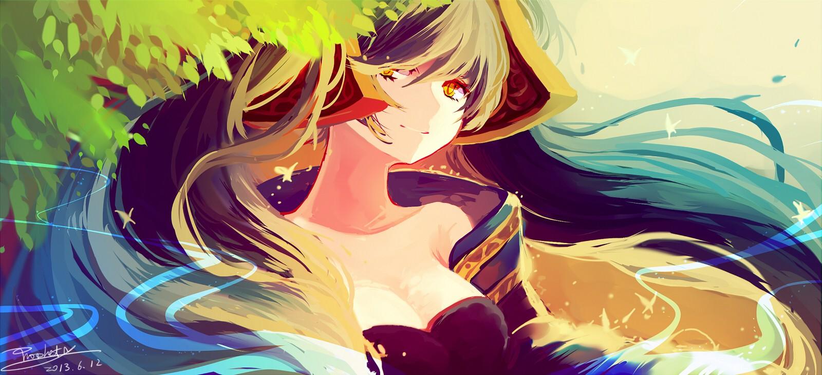 paintings, leaves, League of Legends, long hair, prophet, Sona