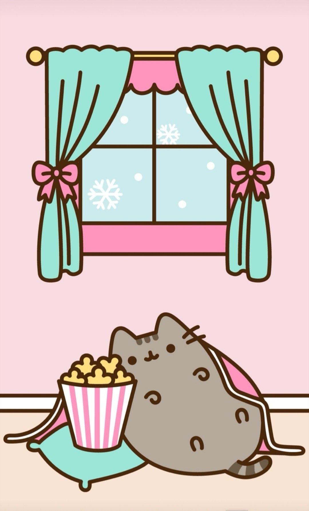 Pusheen snuggling under a warm blanket with some popcorn during a