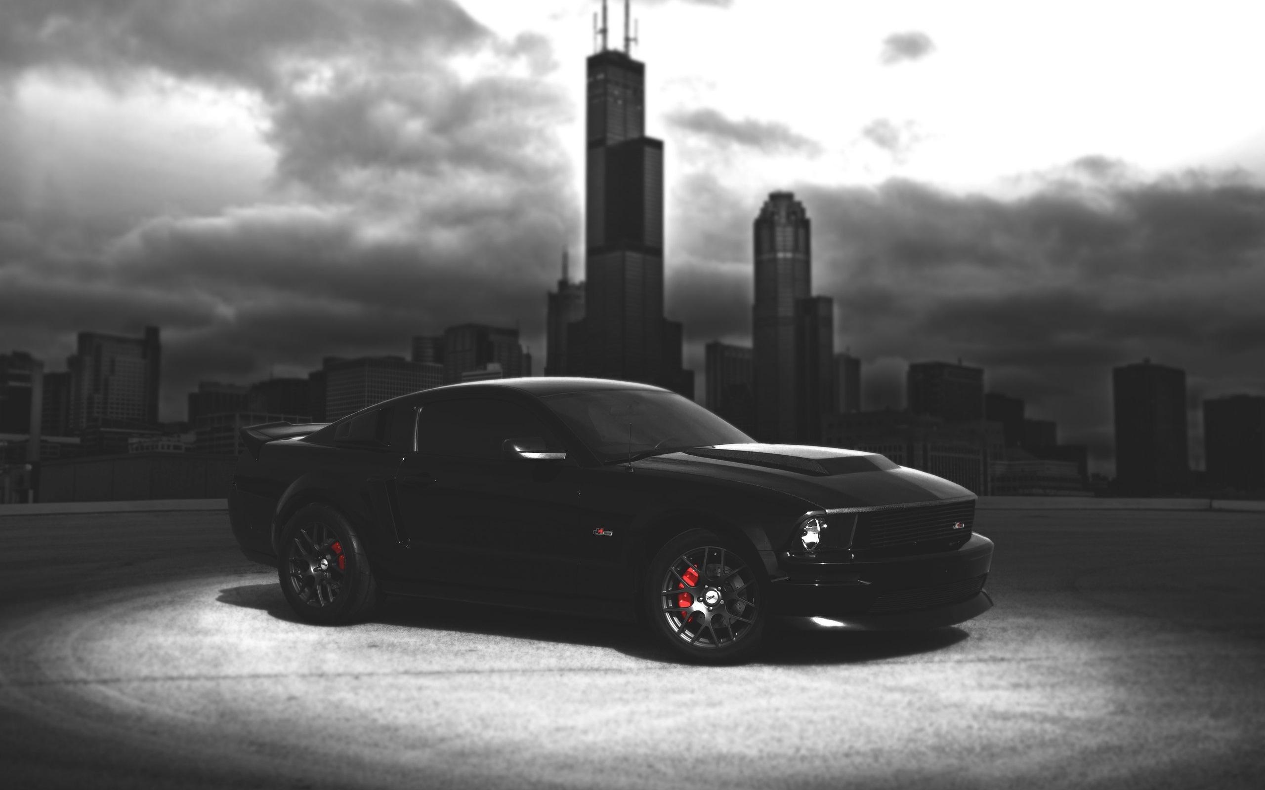 Wallpaper Ford Mustang black car, dark night, city 2560x1600 HD
