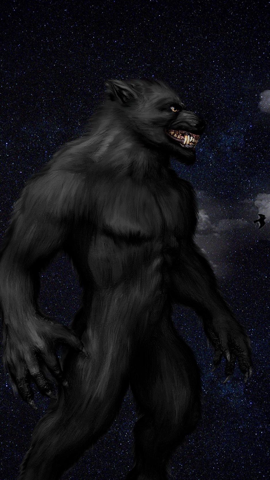 Download wallpaper 938x1668 werewolf, monster, grin, starry sky
