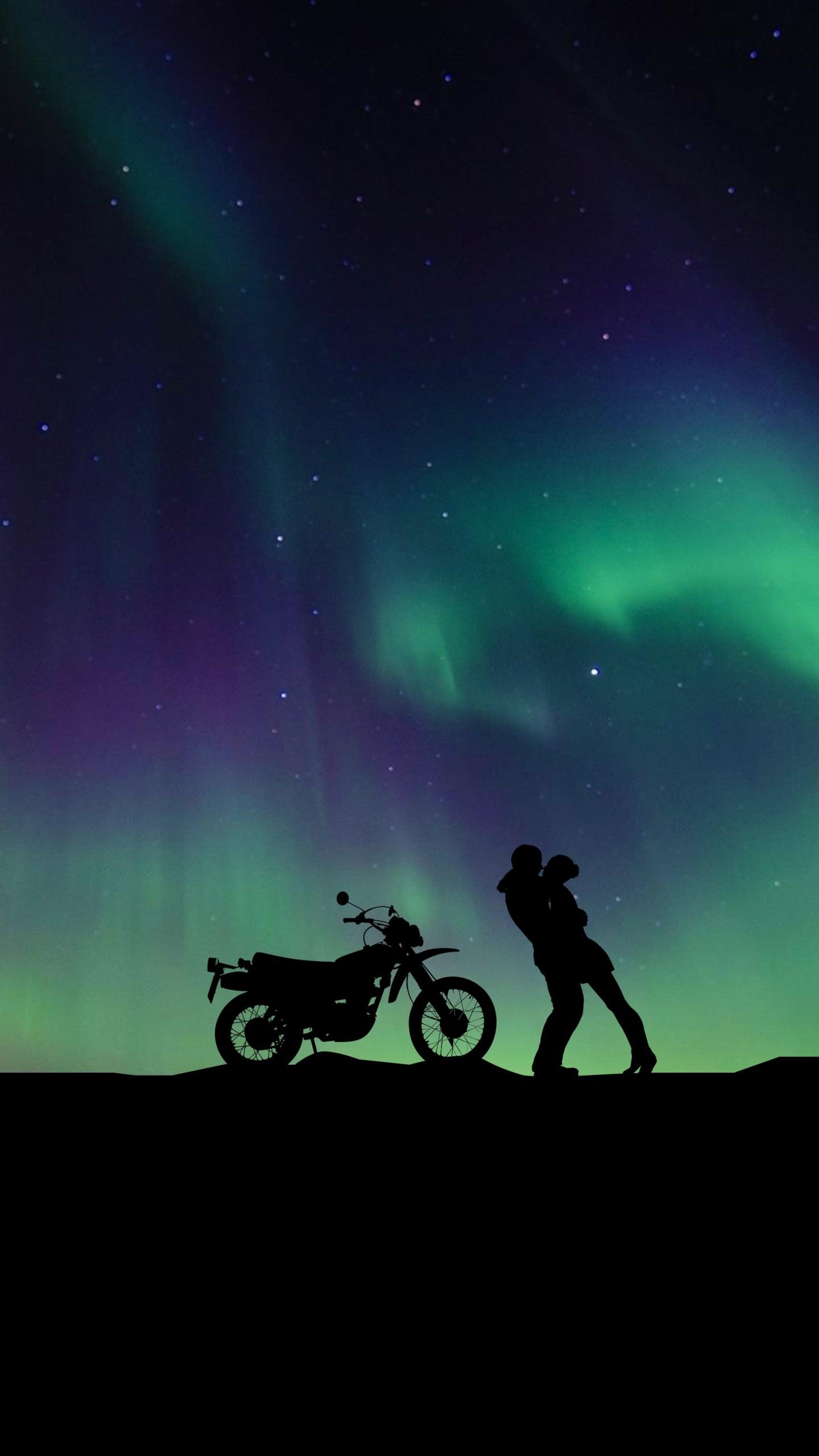 Wallpaper Couple, Aurora Borealis, Northern Lights, Motorcycle, Girl friend, Love,. Wallpaper for iPhone, Android, Mobile and Desktop